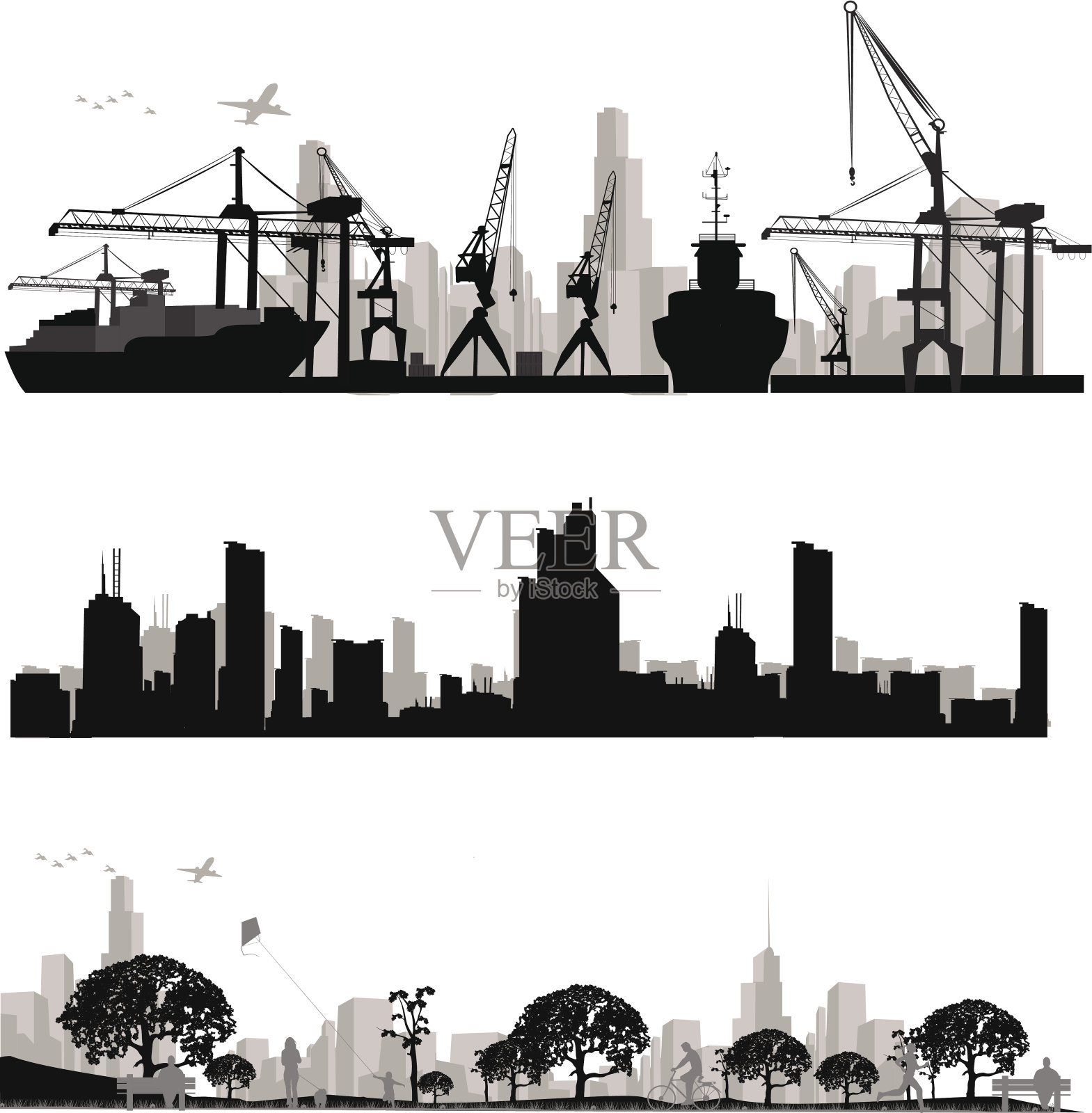 城市天际线shiluettes。矢量图插画图片素材