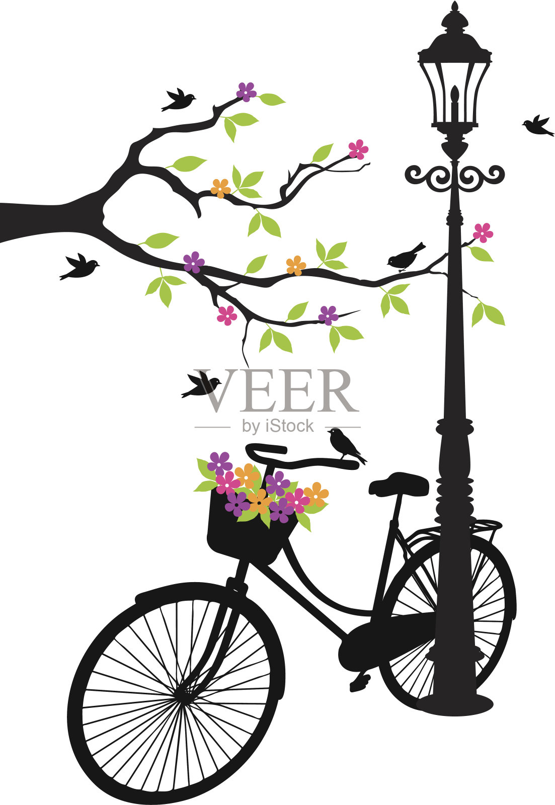 有鸟、灯、花和树的自行车设计元素图片