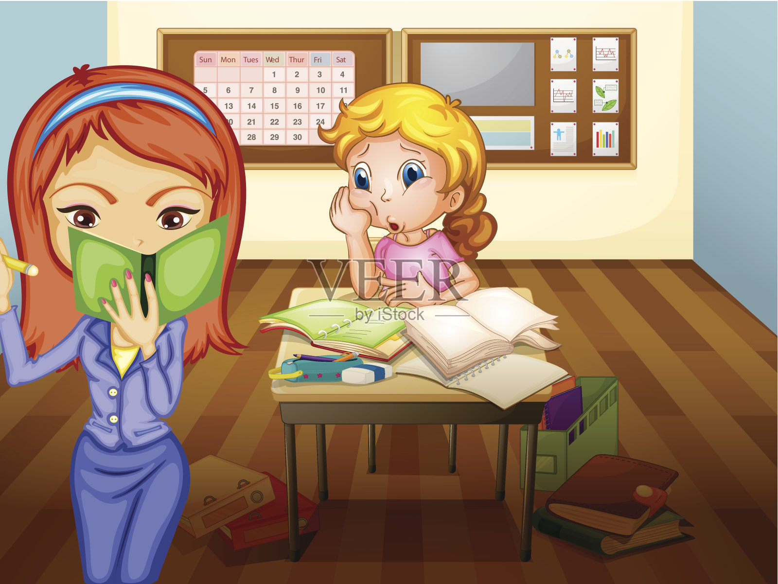 在教室里的女孩和老师插画图片素材