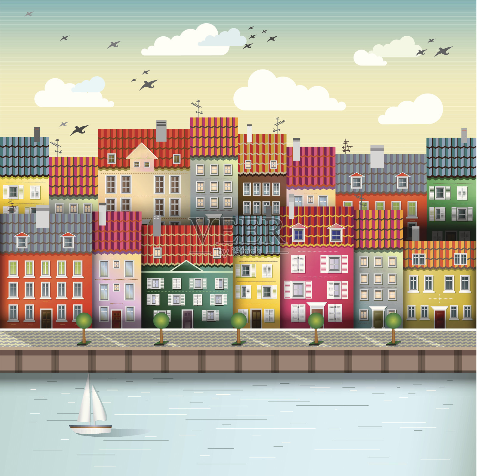 河边可爱的城市插画图片素材