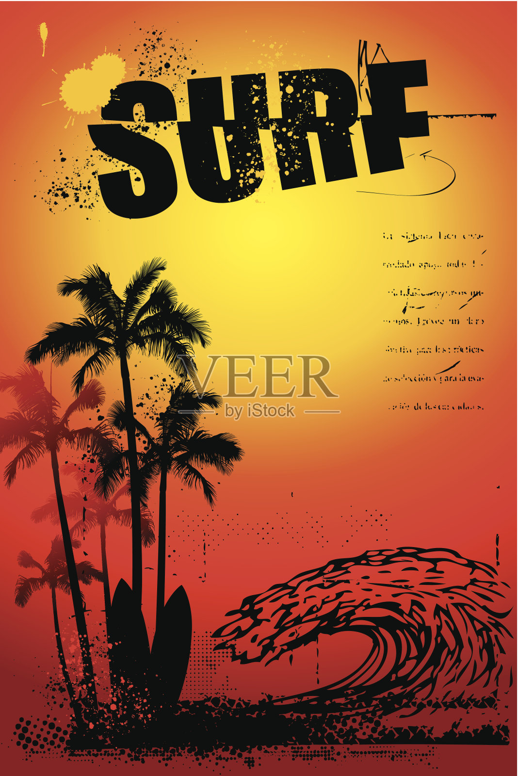 带有大浪和日落的垃圾摇滚冲浪海报插画图片素材