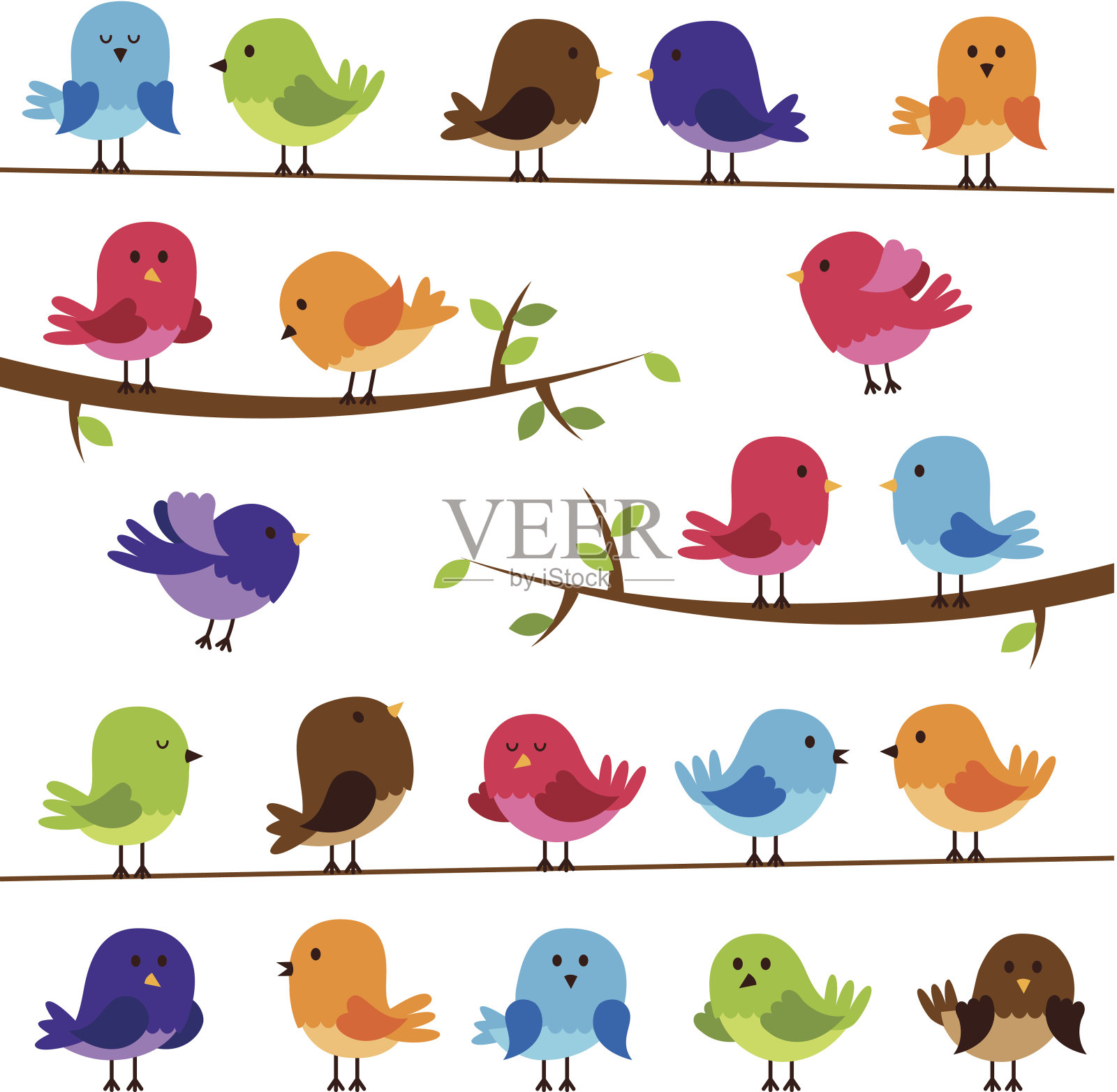 矢量组的彩色卡通鸟插画图片素材