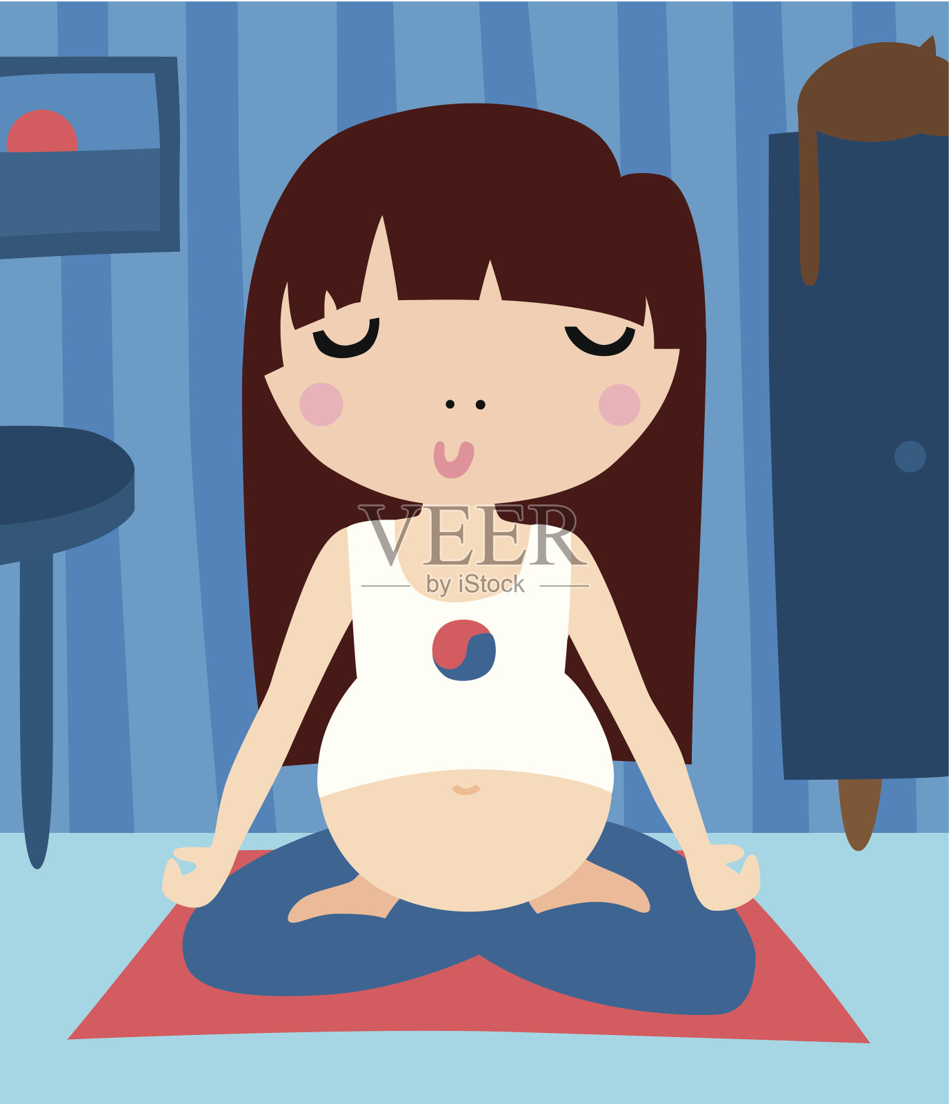 怀孕女孩在家做瑜伽插画图片素材