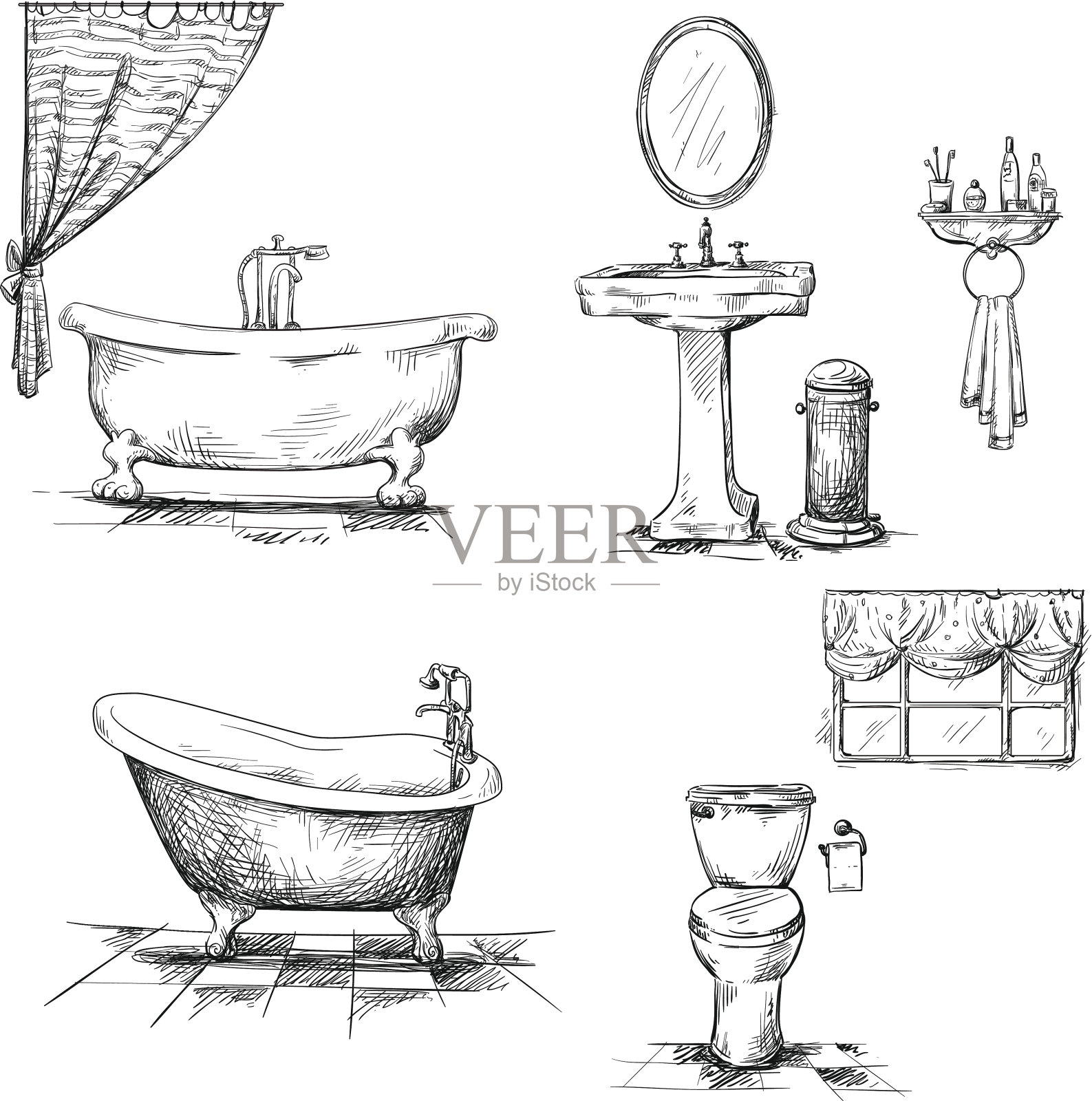 浴室内的元素。手绘。插画图片素材