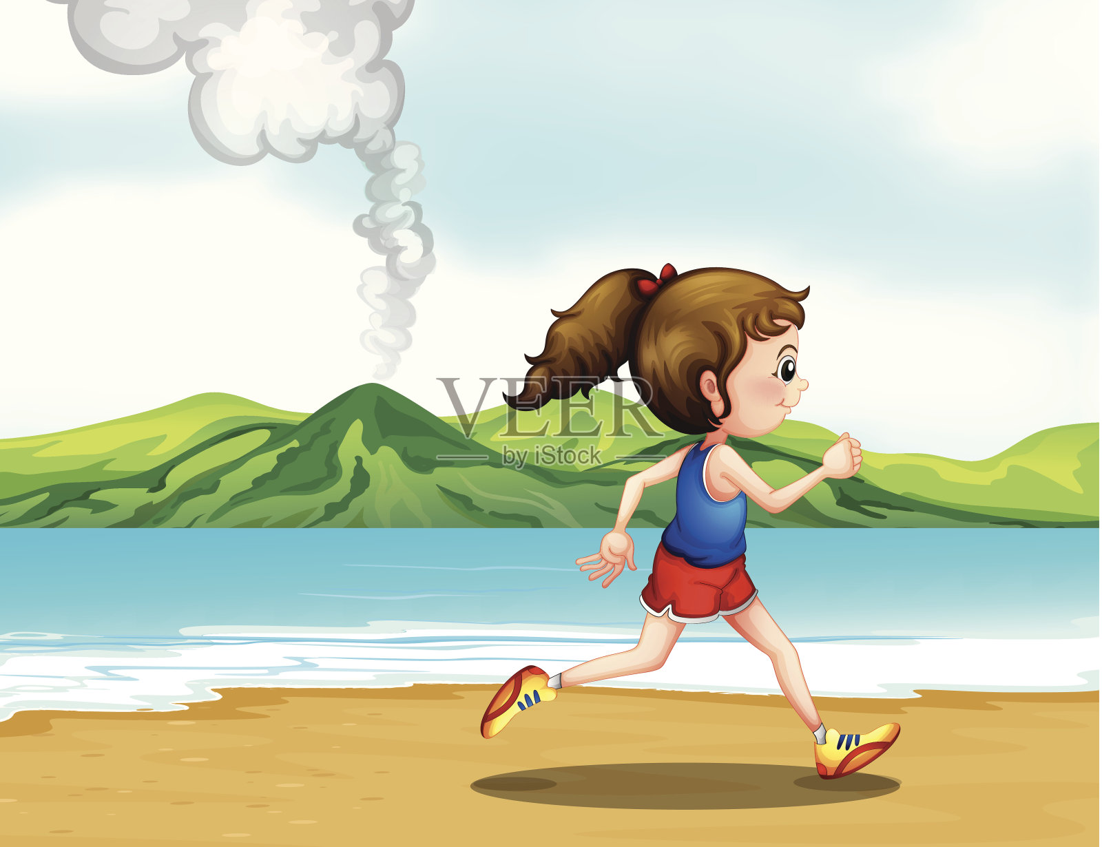 女孩在海边慢跑插画图片素材
