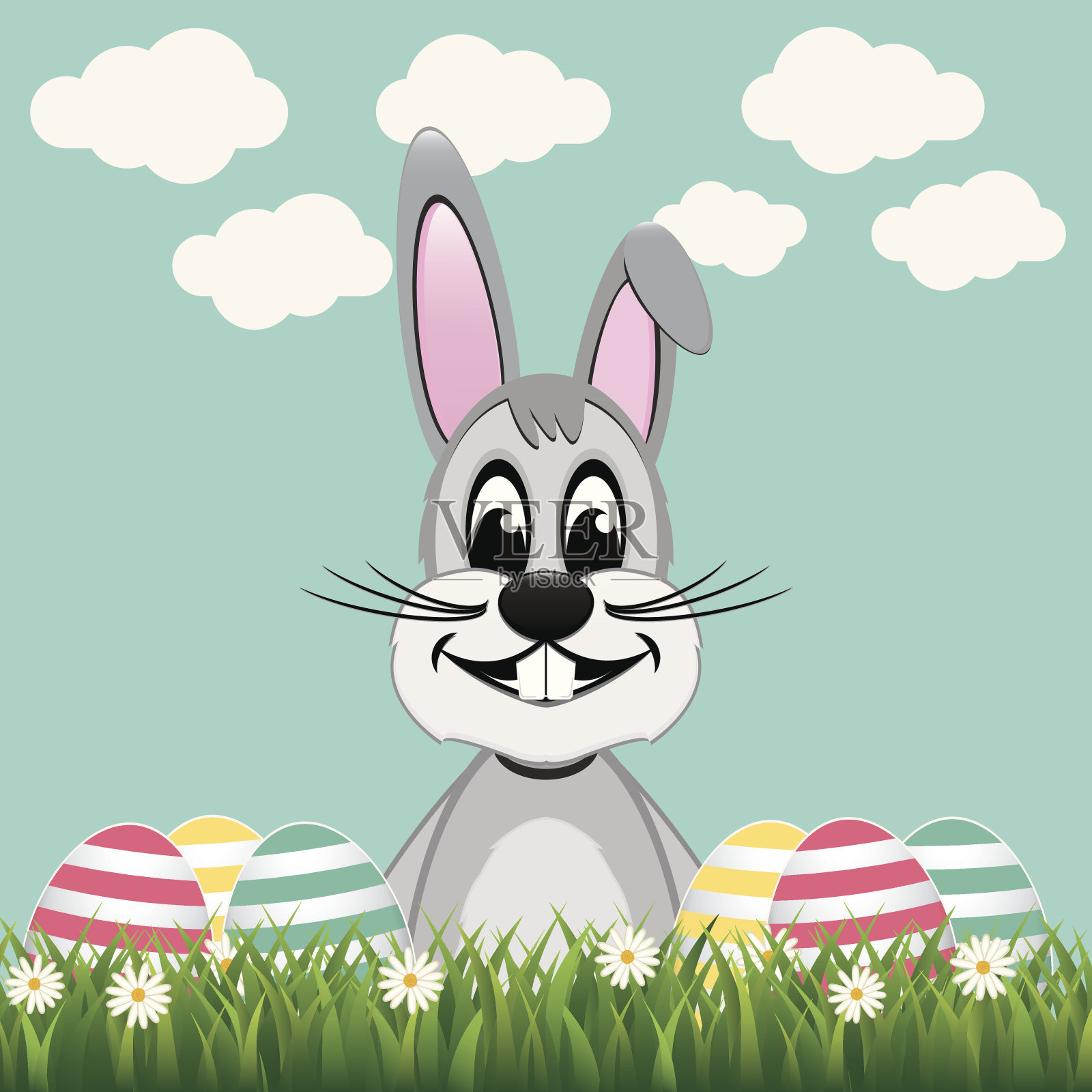 快乐的灰色兔子蛋雏菊草地插画图片素材
