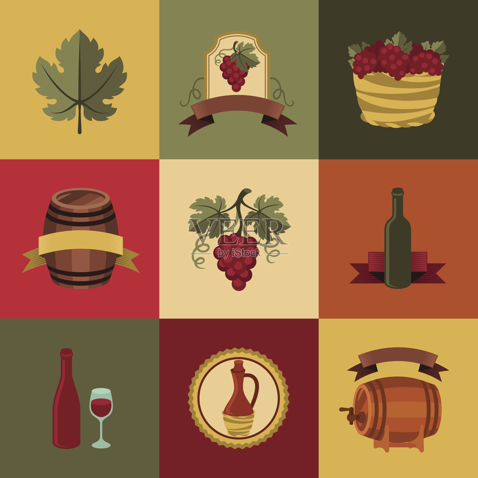 一组对象，图标为葡萄酒和餐厅。插画图片素材