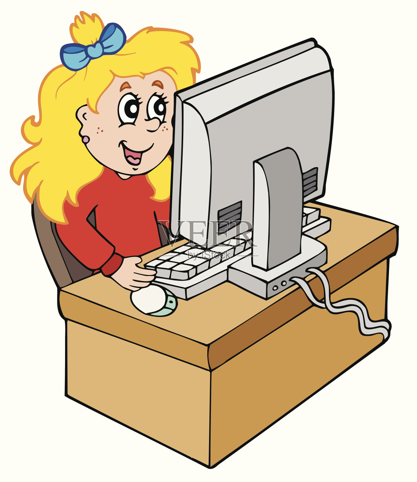 卡通女孩与电脑工作设计元素图片