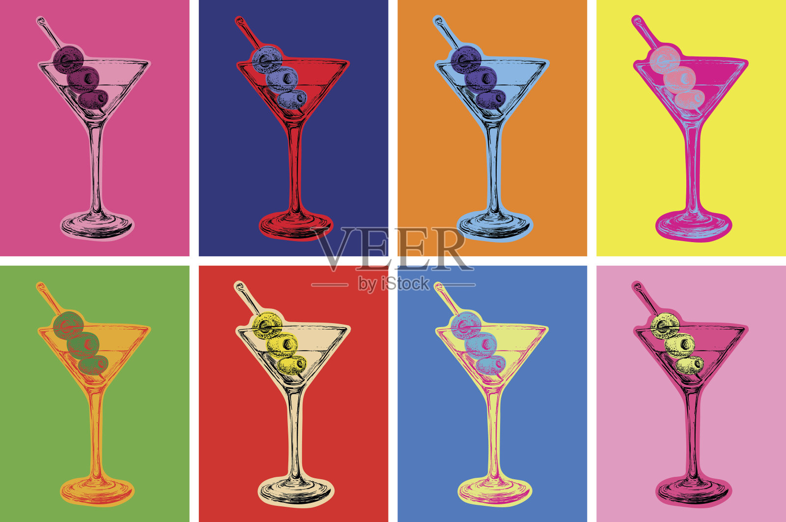 彩色马提尼鸡尾酒与橄榄矢量插图插画图片素材