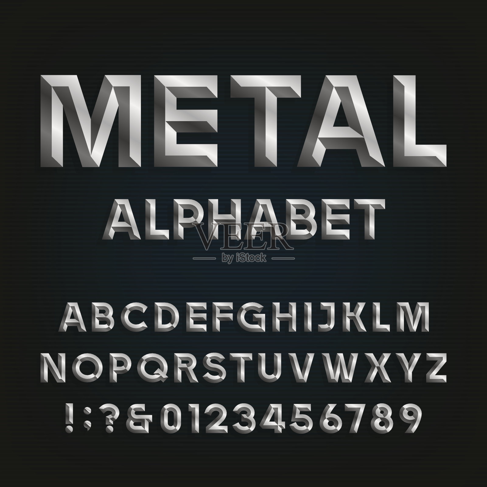 金属斜字体。向量字母表。设计元素图片