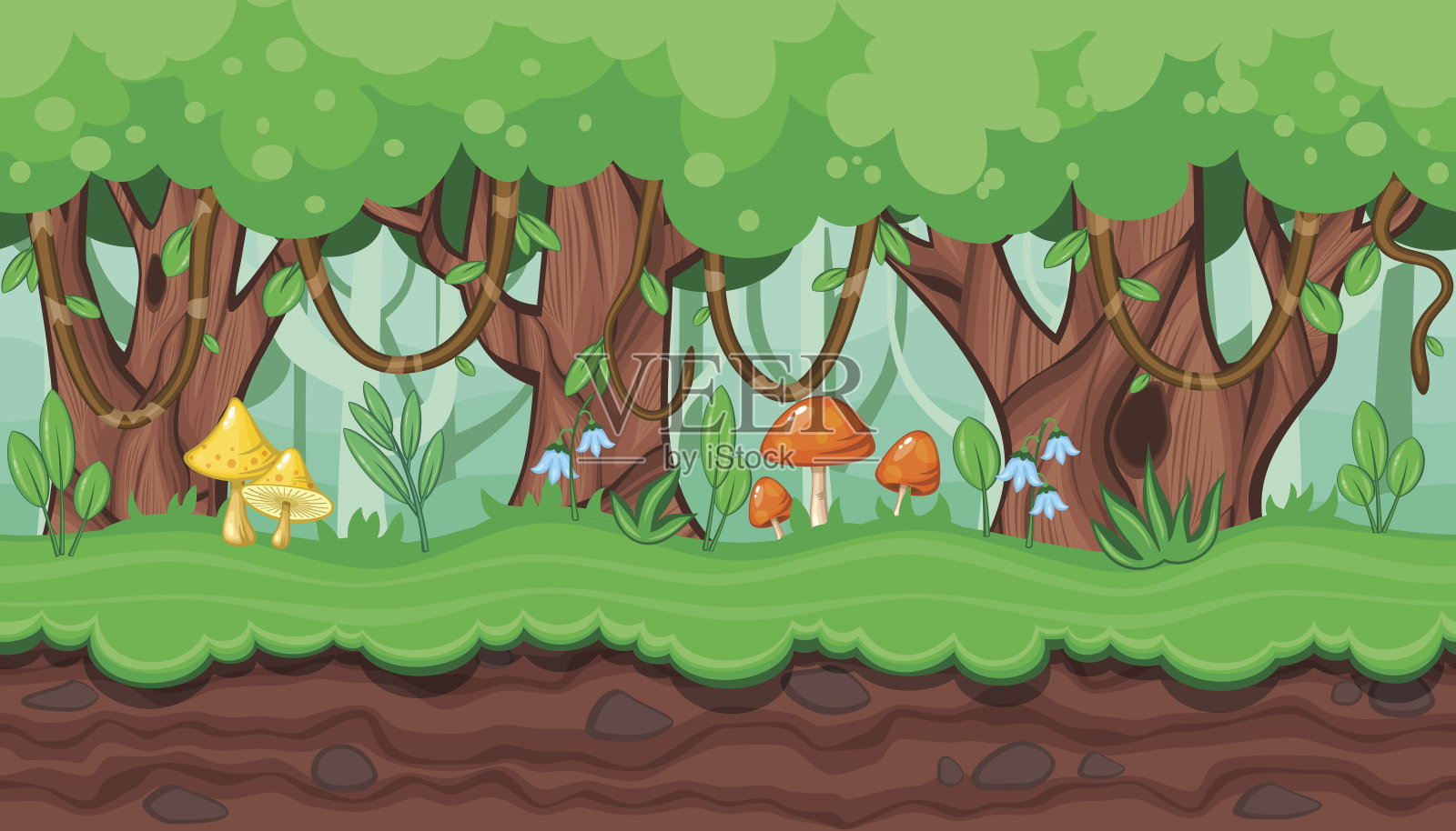 无缝的夏季森林景观，茂密的树木，藤本植物为游戏设计插画图片素材