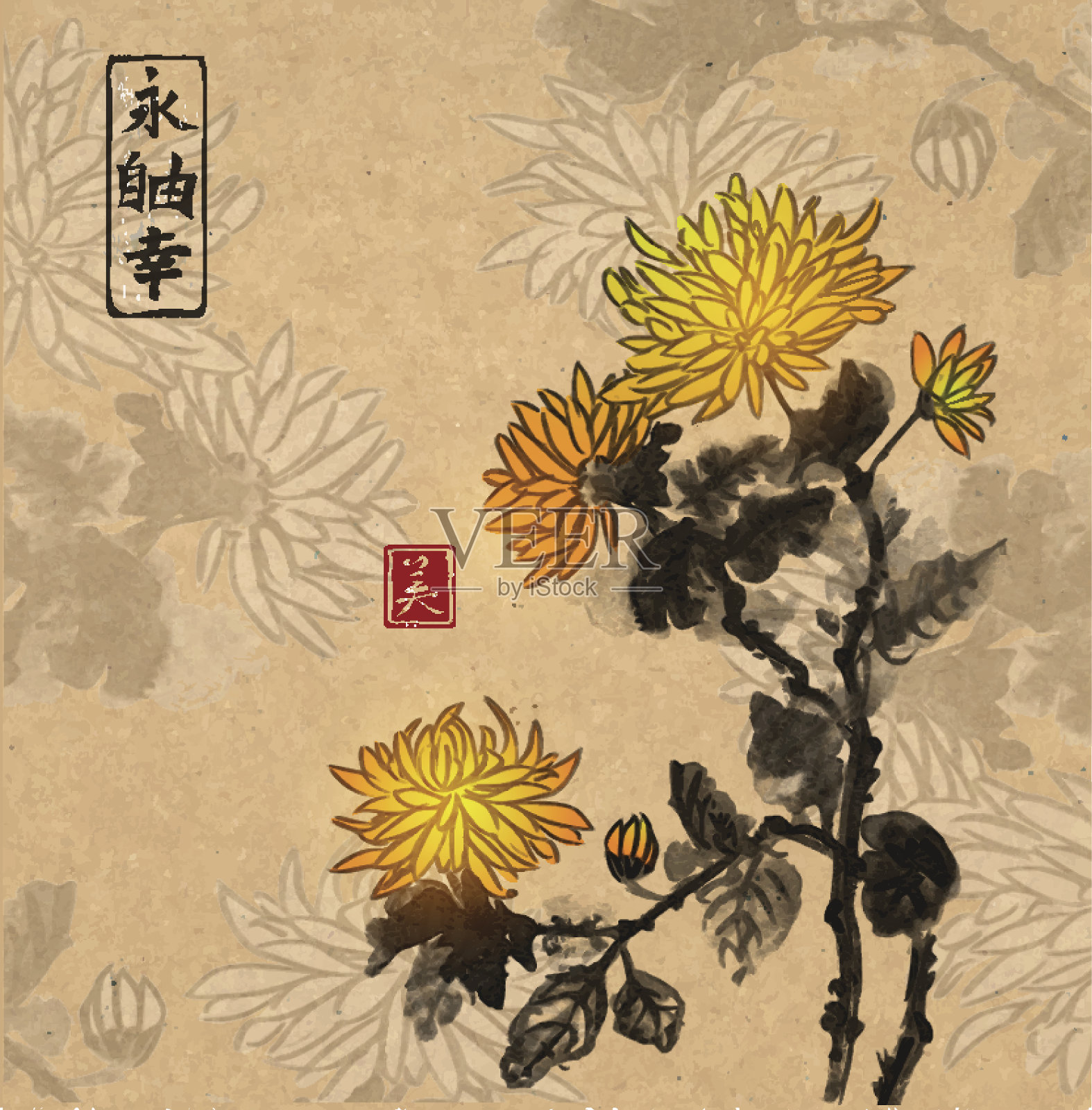 菊花在vintage背景上。传统东方水墨画插画图片素材