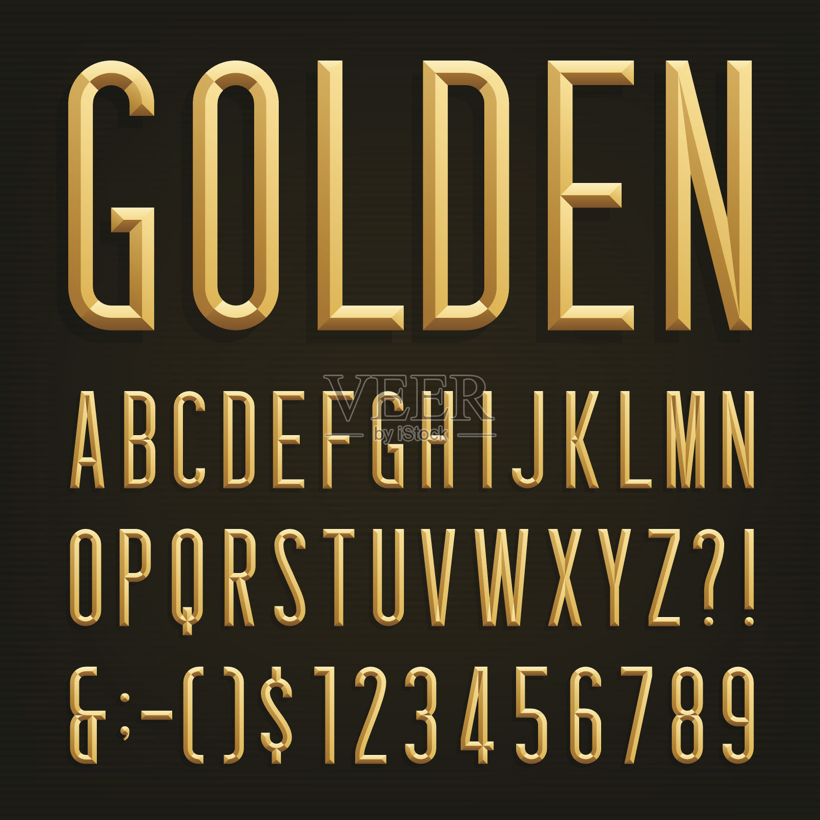 金色斜面窄字体。向量字母表。设计元素图片