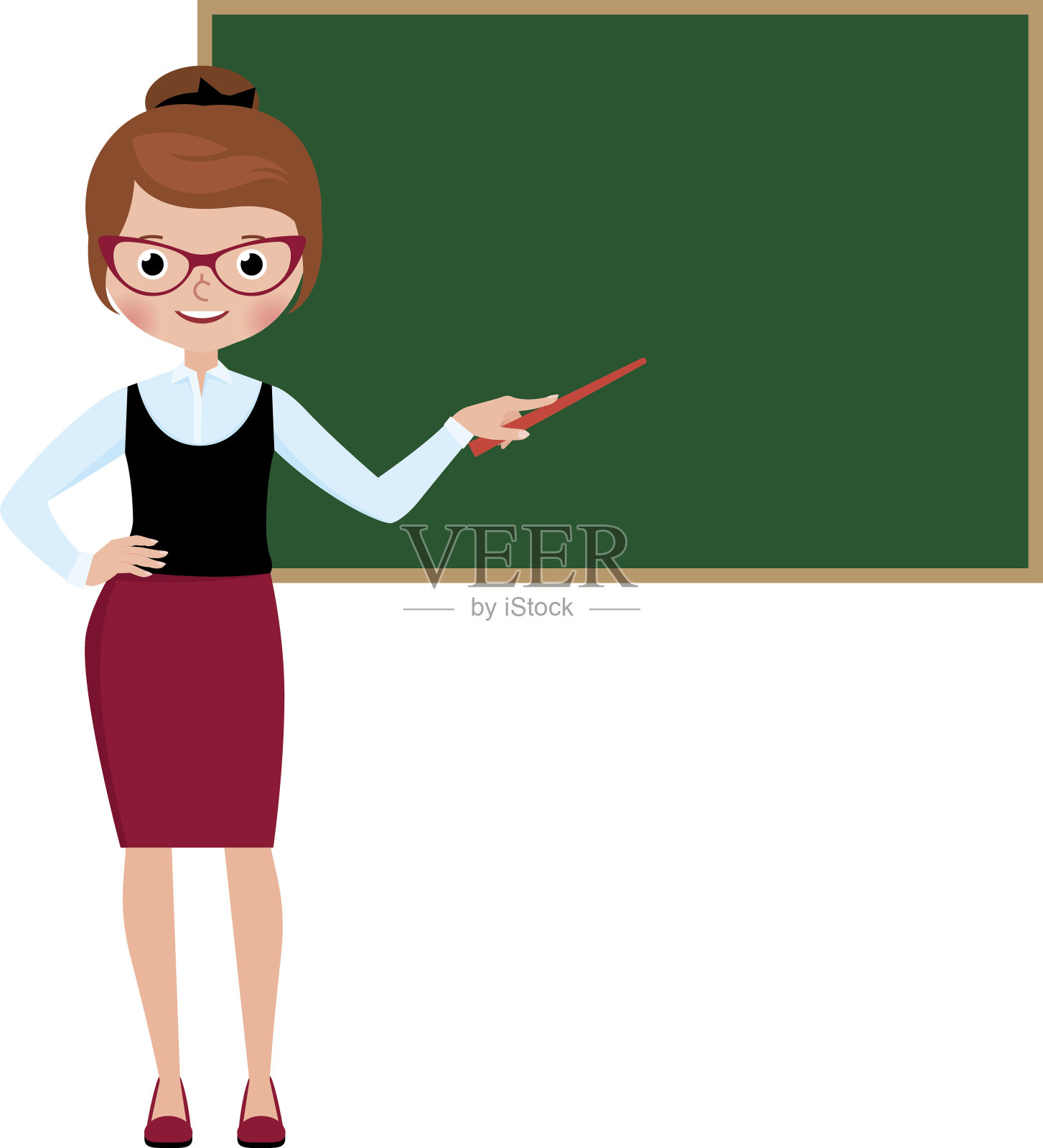女教师站在学校黑板前，手持教鞭插画图片素材