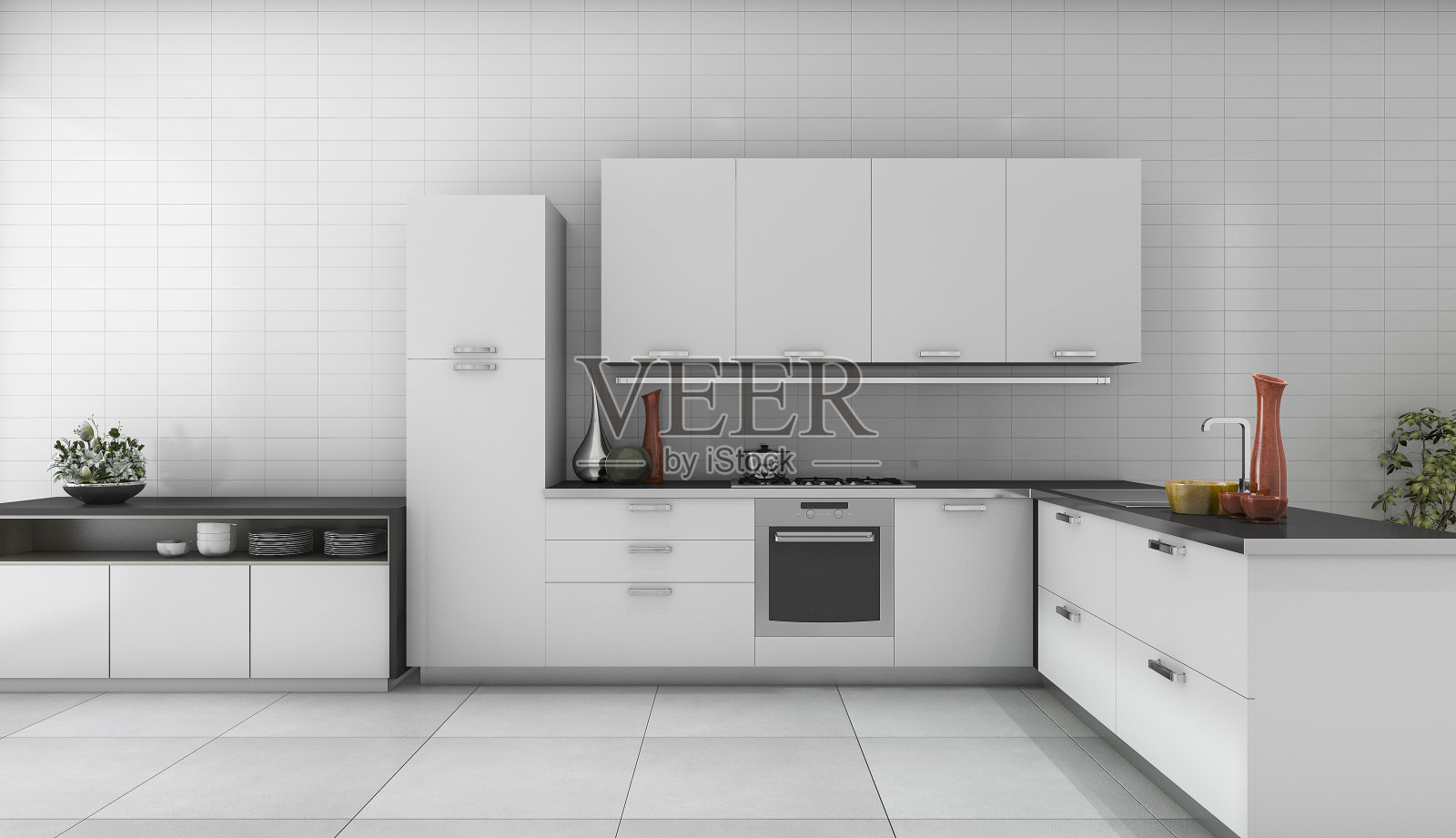3d渲染白色现代厨房阁楼风格的房间照片摄影图片