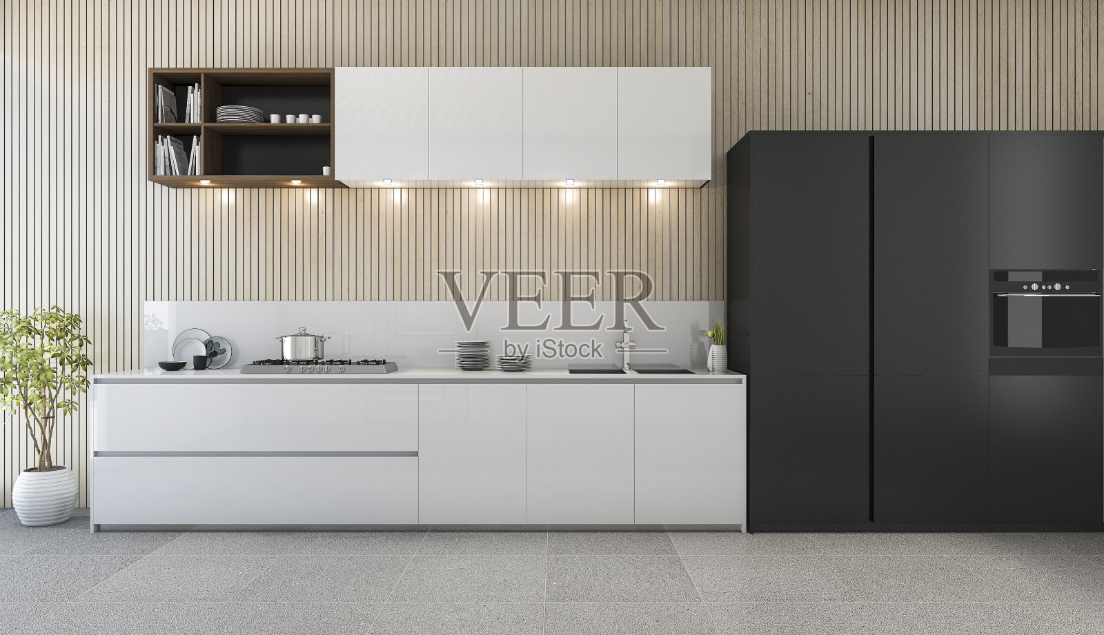 3d渲染现代厨房柜台与白色和黑色设计照片摄影图片