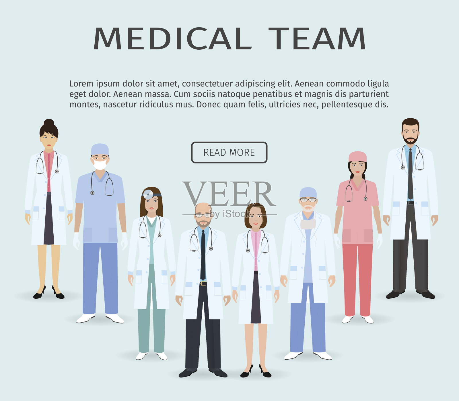 医疗队。一群扁平的男女医生、医院员工站在一起。团队合作的概念。插画图片素材