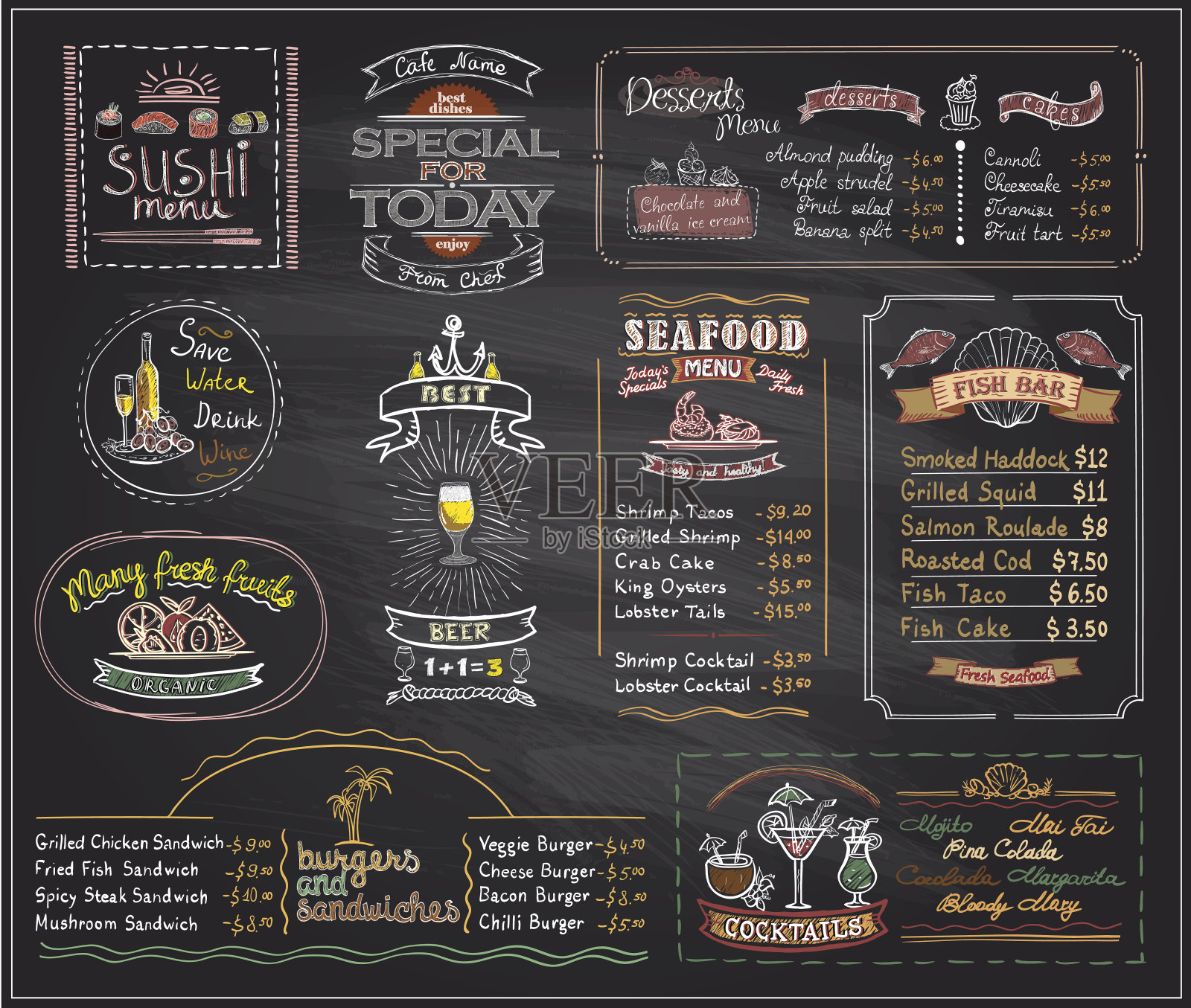 粉笔菜单列表黑板设计设置为咖啡馆或餐厅设计模板素材