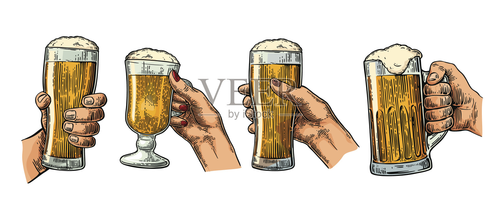 男人和女人手牵着手，用啤酒杯碰杯。插画图片素材