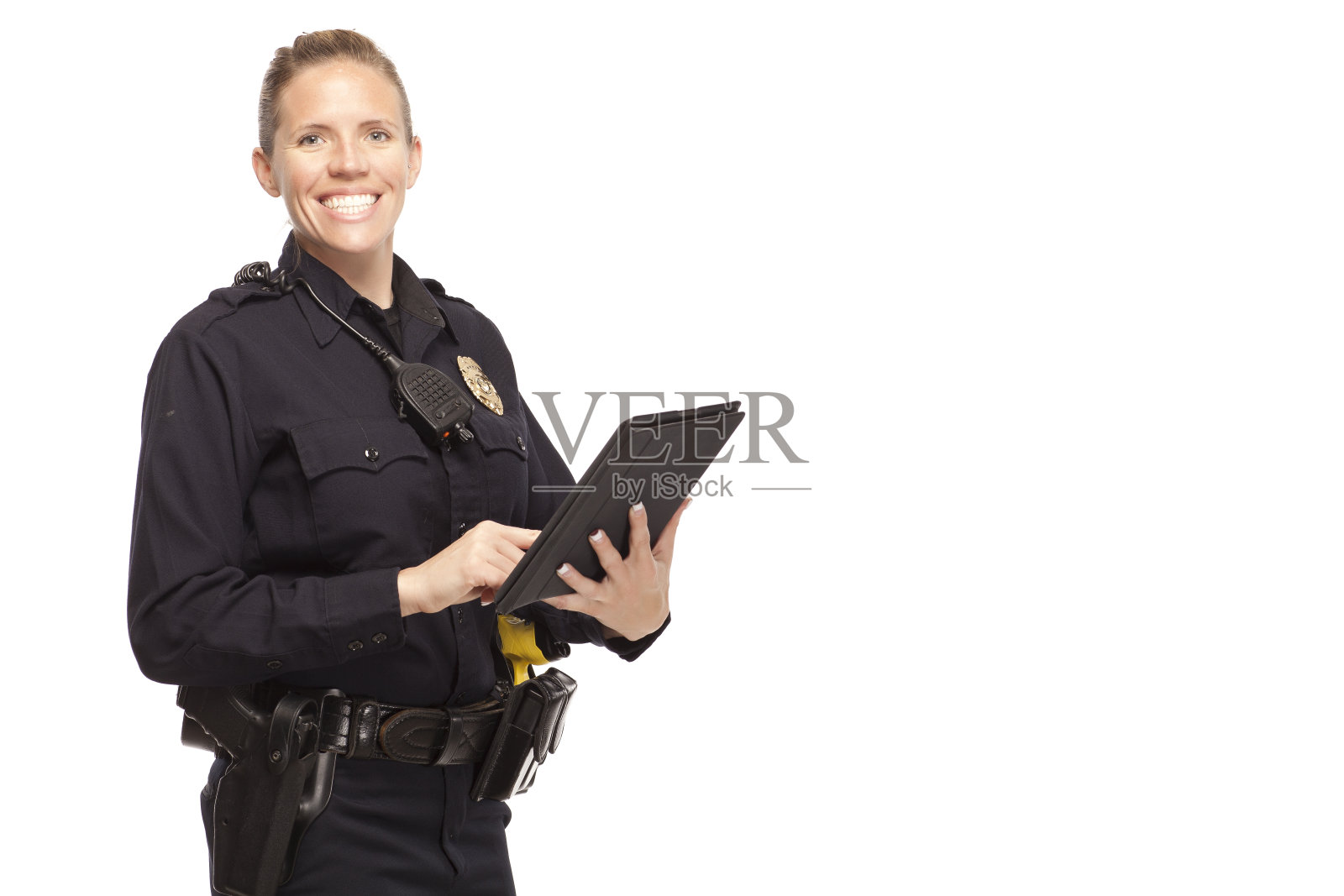 女警手持数码平板电脑照片摄影图片