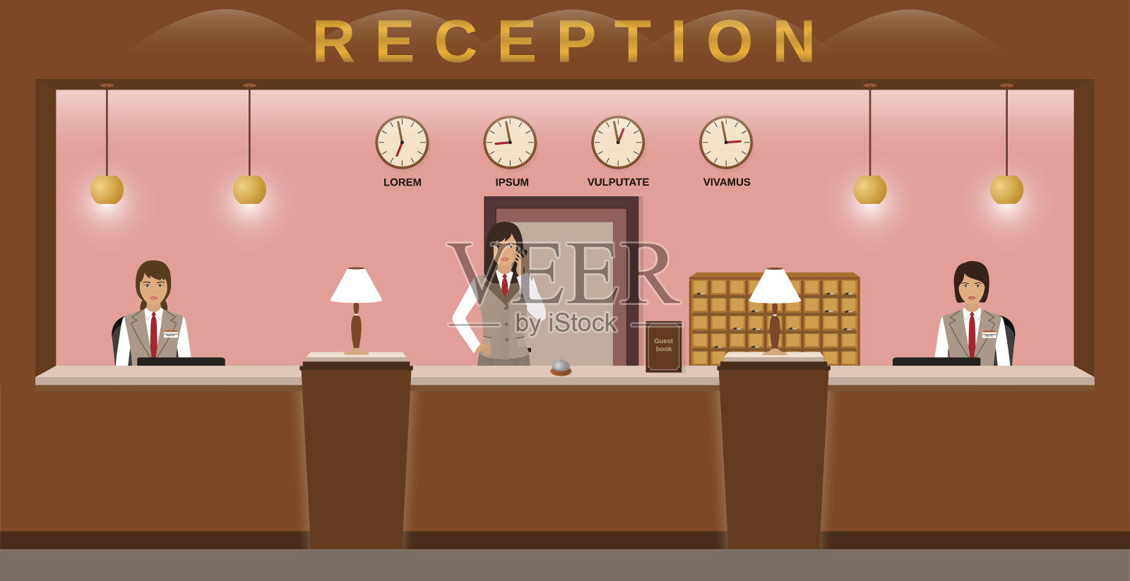 酒店接待服务。酒店员工在工作场所欢迎客人。业务办公室接待员。插画图片素材