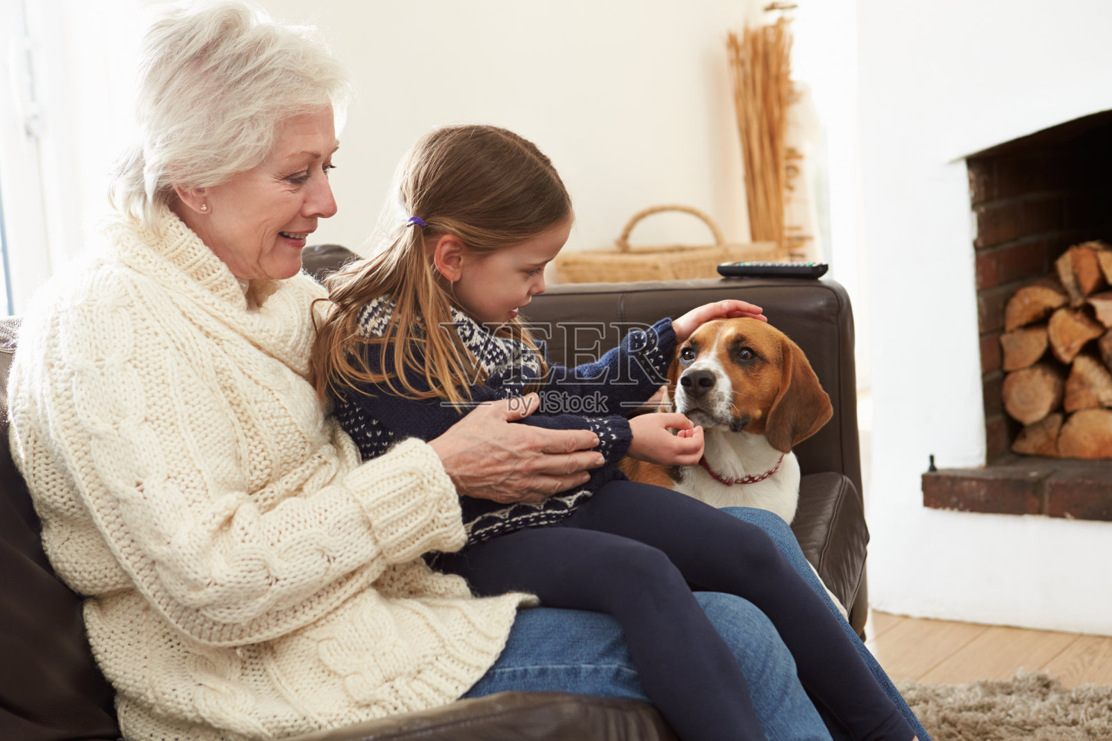 祖母和孙女在家与宠物狗放松照片摄影图片