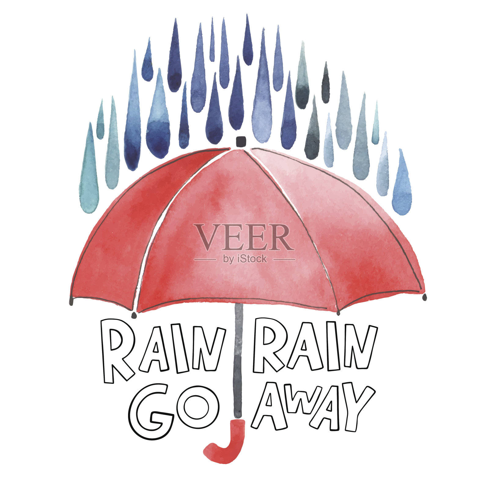 雨下水彩红伞插画图片素材