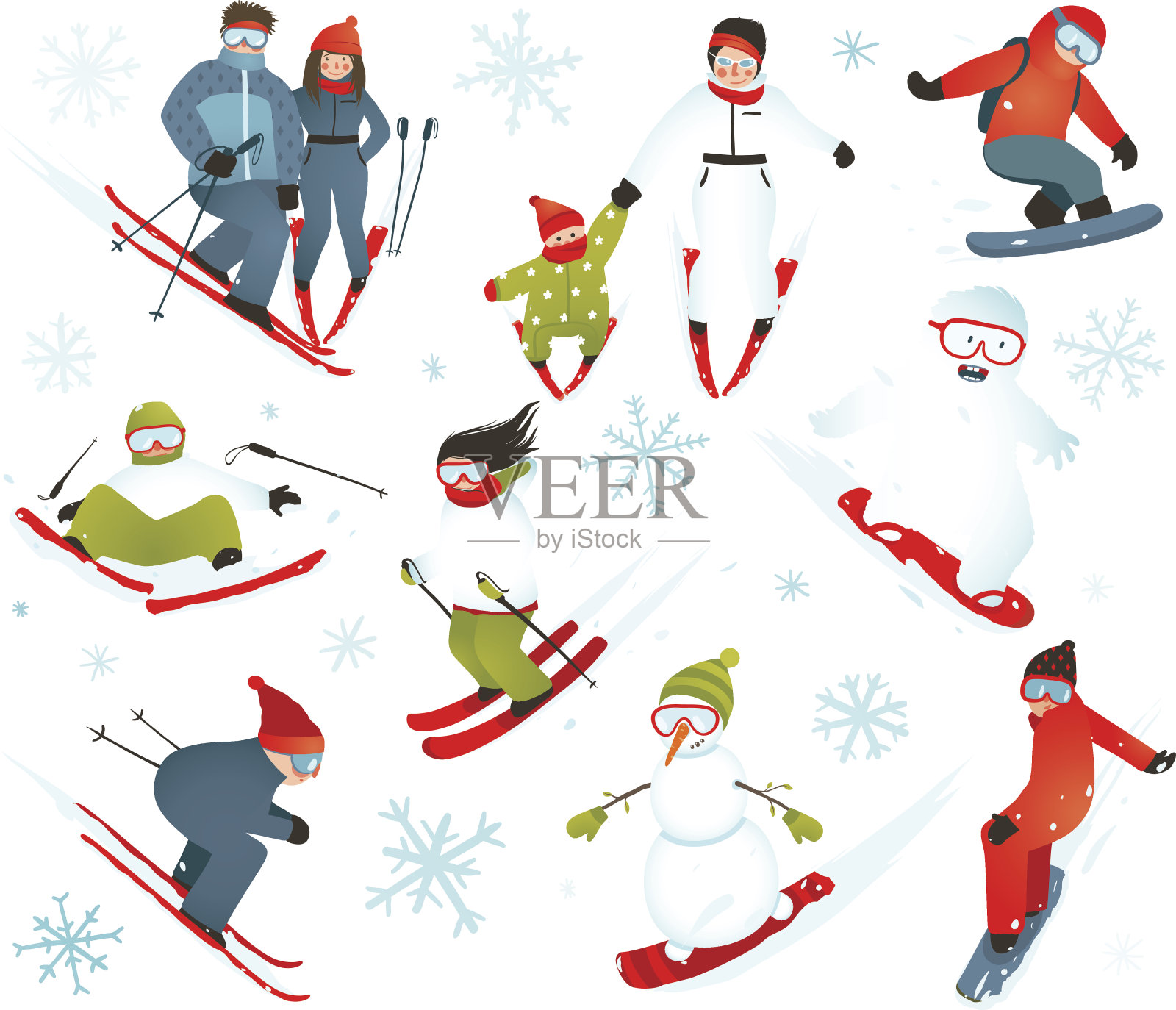 滑雪者滑雪板雪片冬季运动收藏插画图片素材