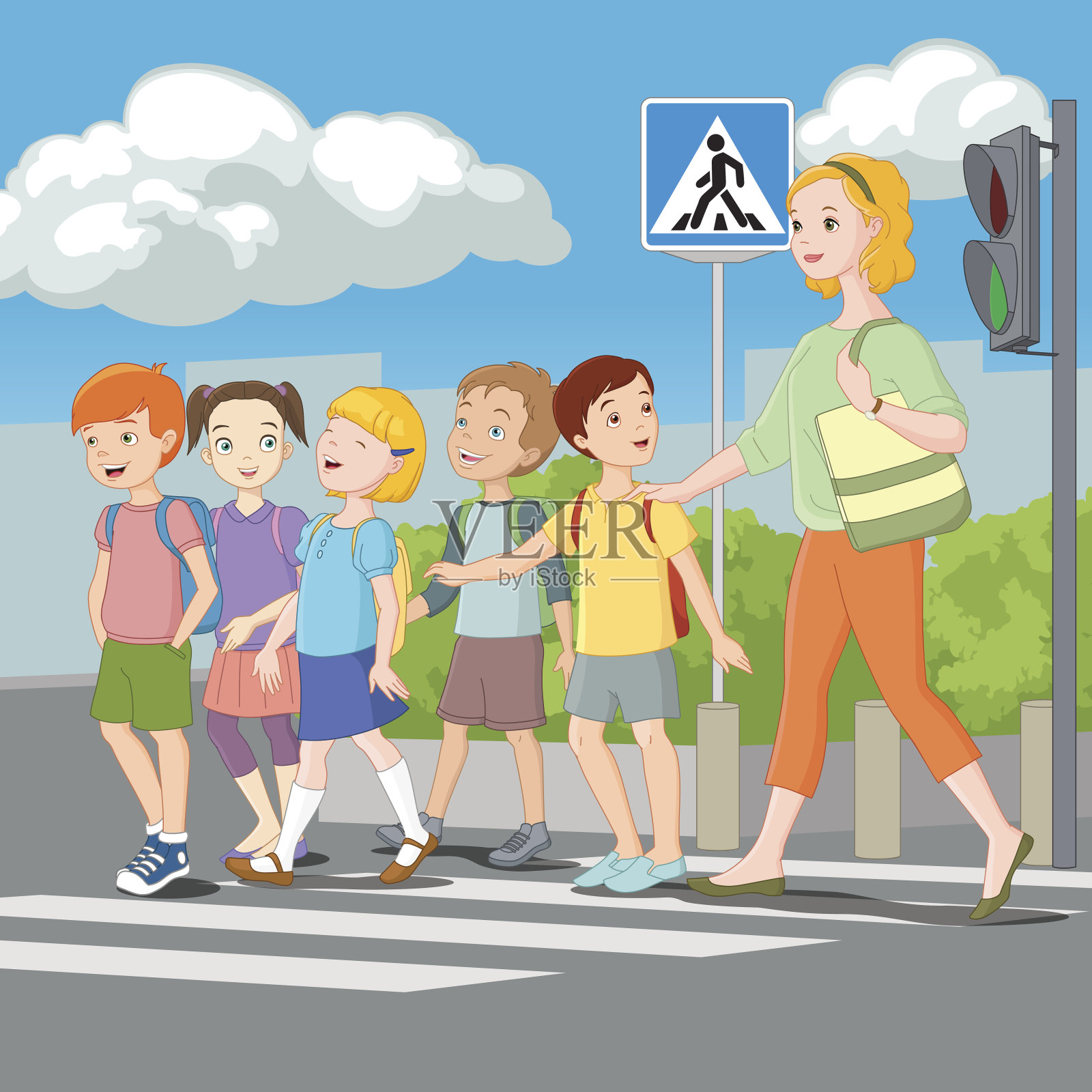 孩子们和老师一起过马路。矢量插图。插画图片素材