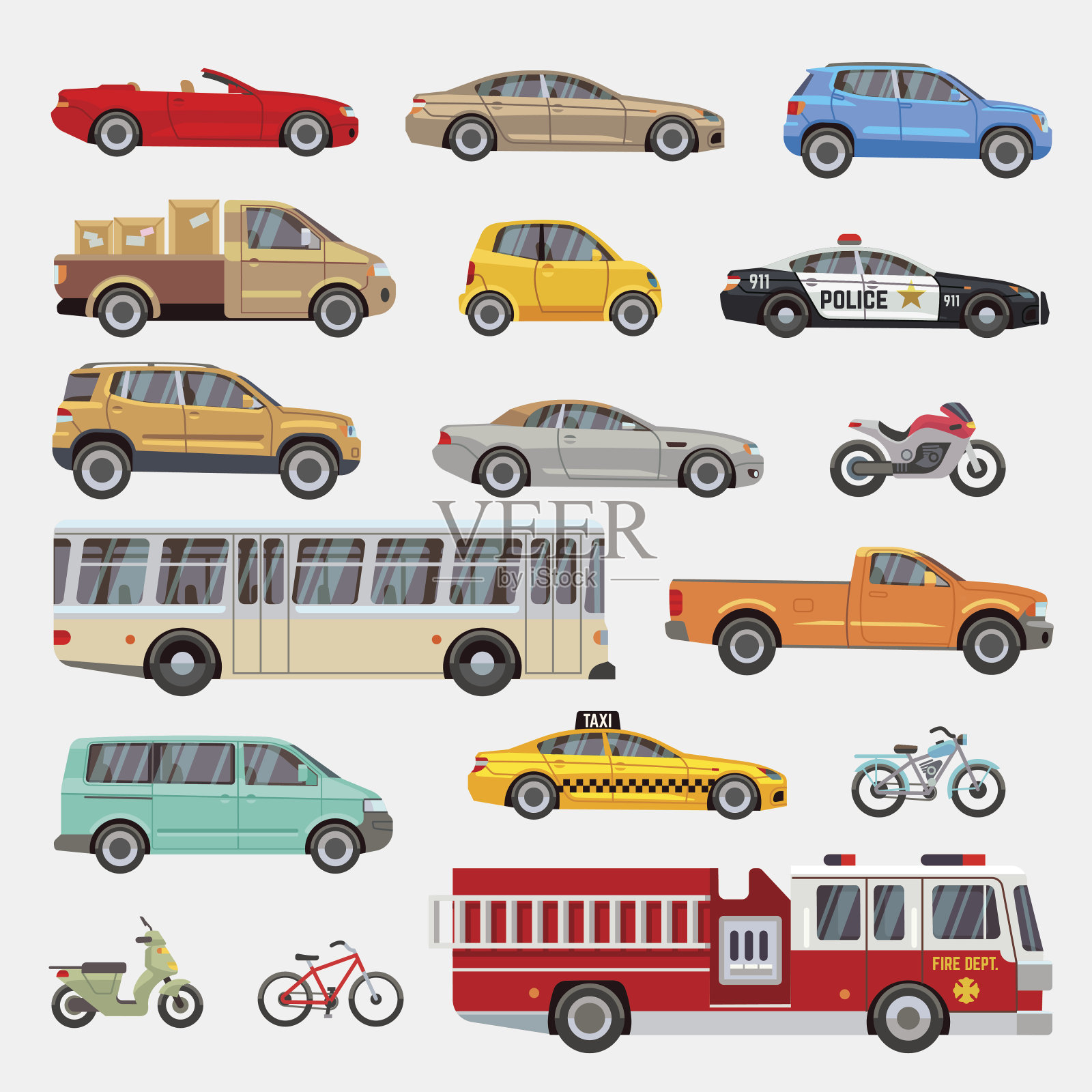 城市，城市汽车和车辆运输矢量平面图标设置插画图片素材