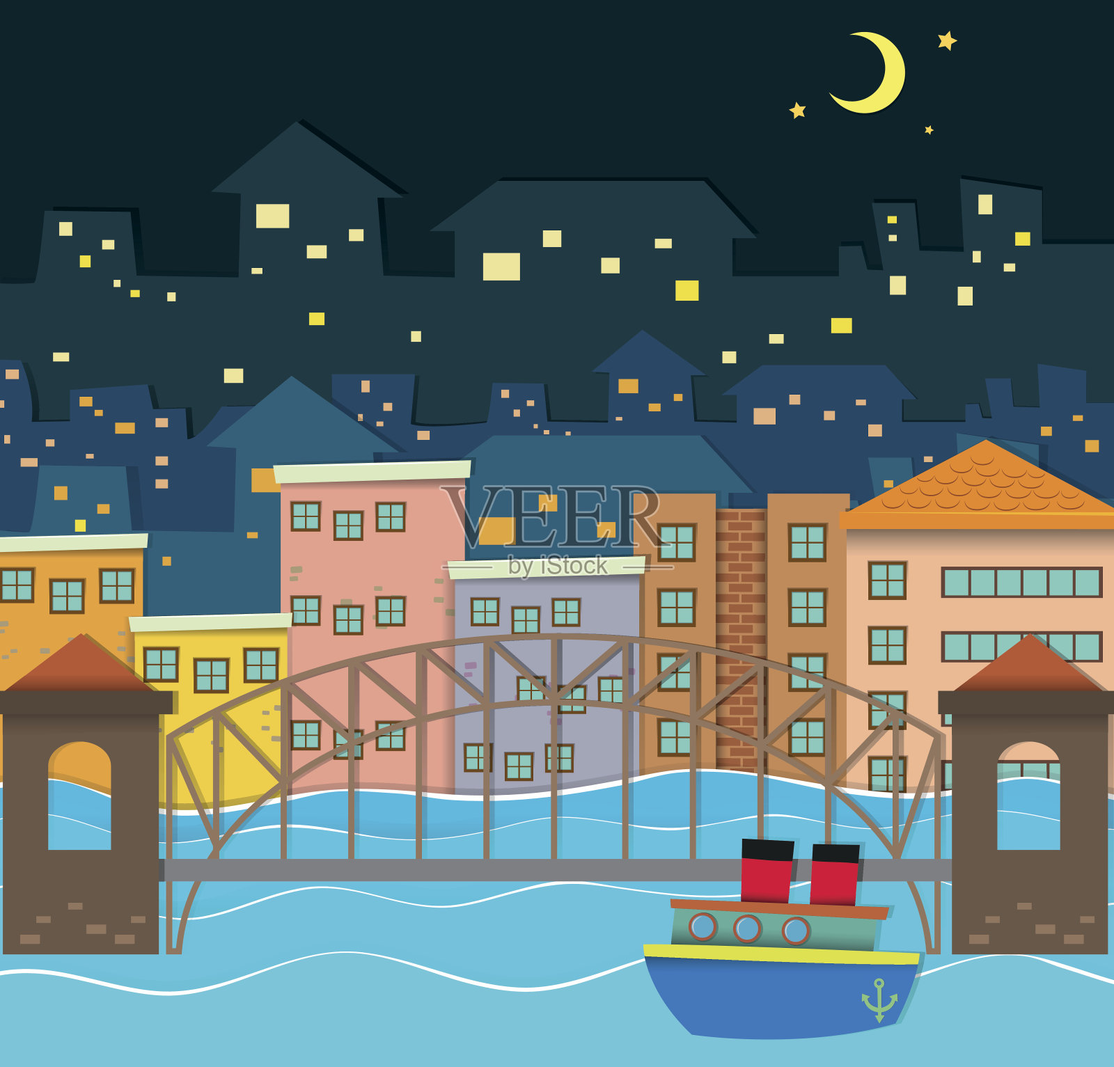 桥上河景夜景插画图片素材