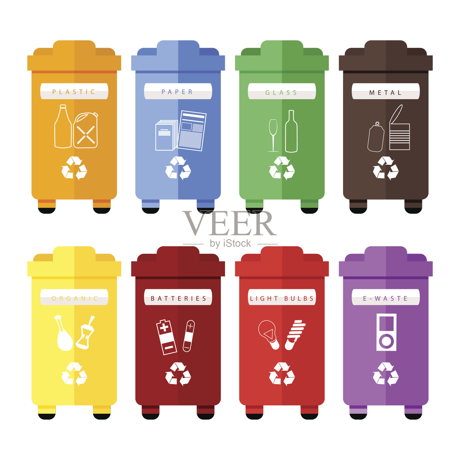 矢量组彩色垃圾分类箱塑料，纸，玻璃，金属，有机，电池，灯泡和电子垃圾。适用于家居和城市街道回收，手工分类回收的方法。设计元素图片