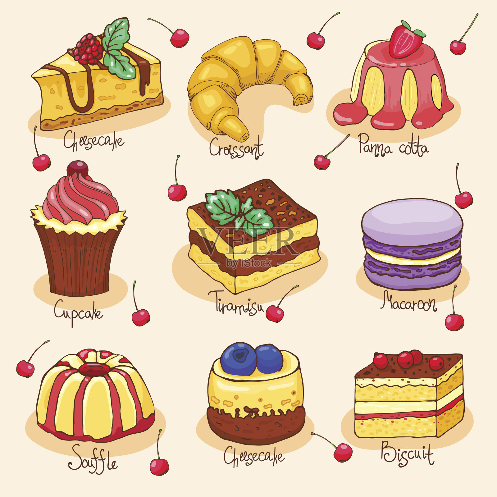 一套涂鸦手绘蛋糕和甜点插画图片素材