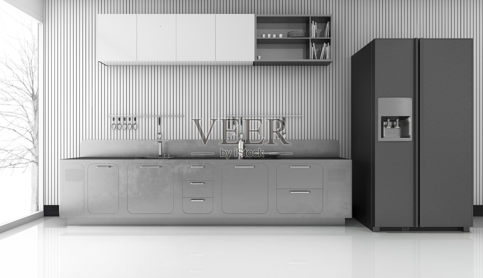 3d渲染现代金属厨房与漂亮的冰箱照片摄影图片