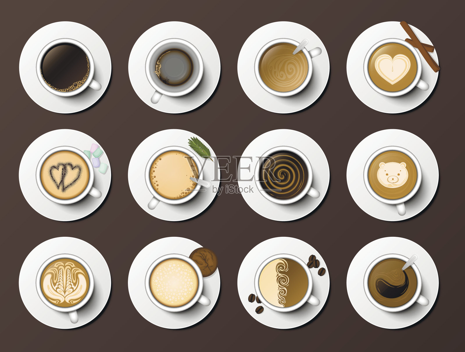 咖啡杯分类俯视图集合矢量插图插画图片素材