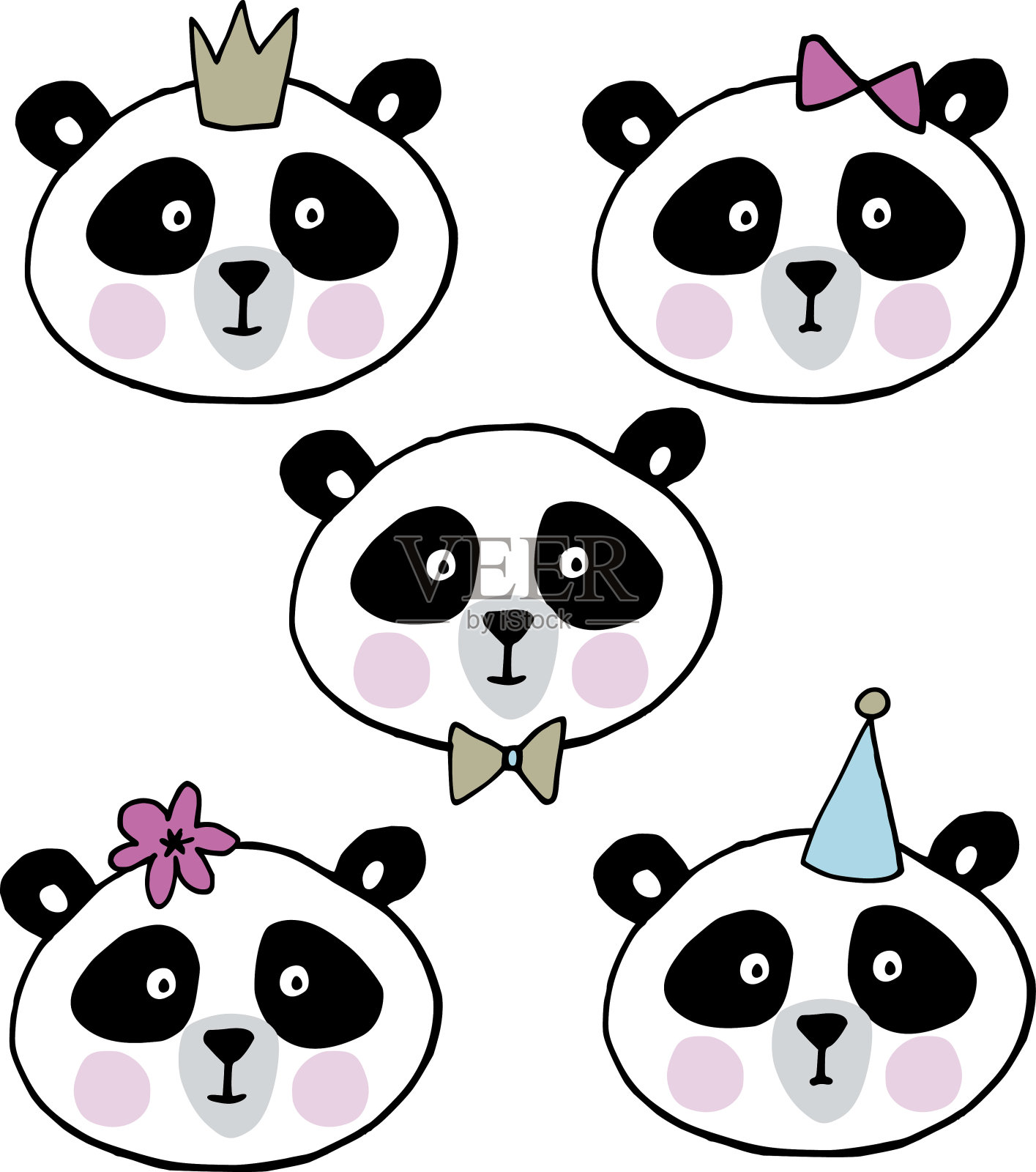 一组可爱的大熊猫。收集小熊头。矢量插图。插画图片素材