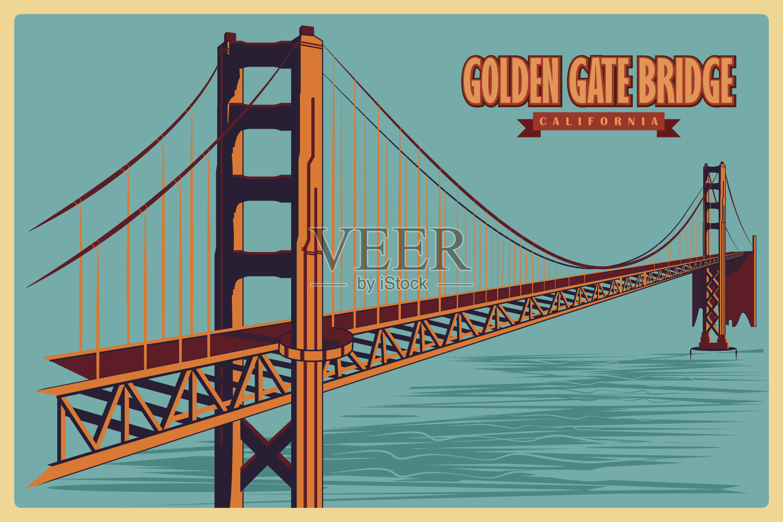 加州著名纪念碑金门大桥的复古海报插画图片素材