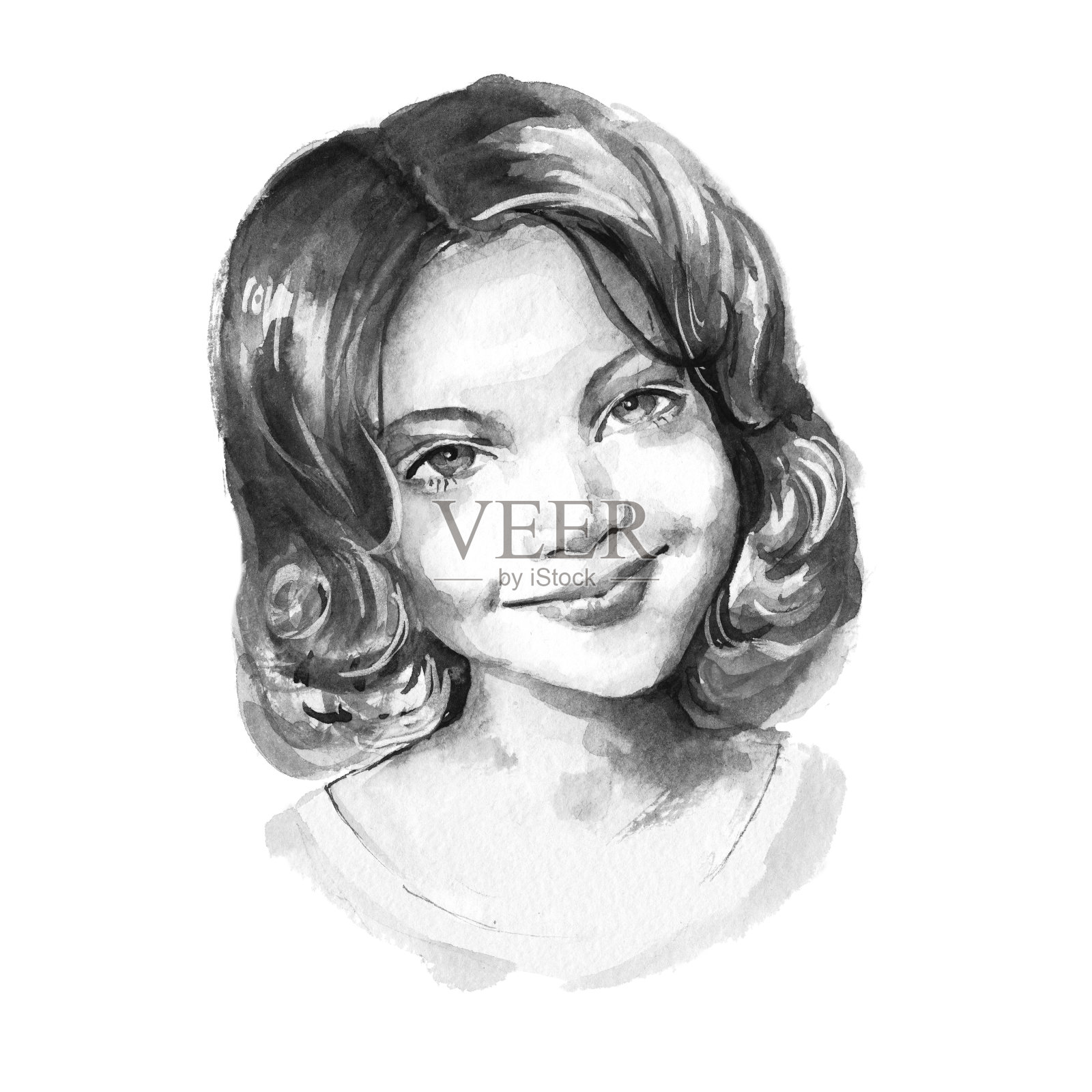 微笑的女孩1。手绘水彩女性脸插画图片素材