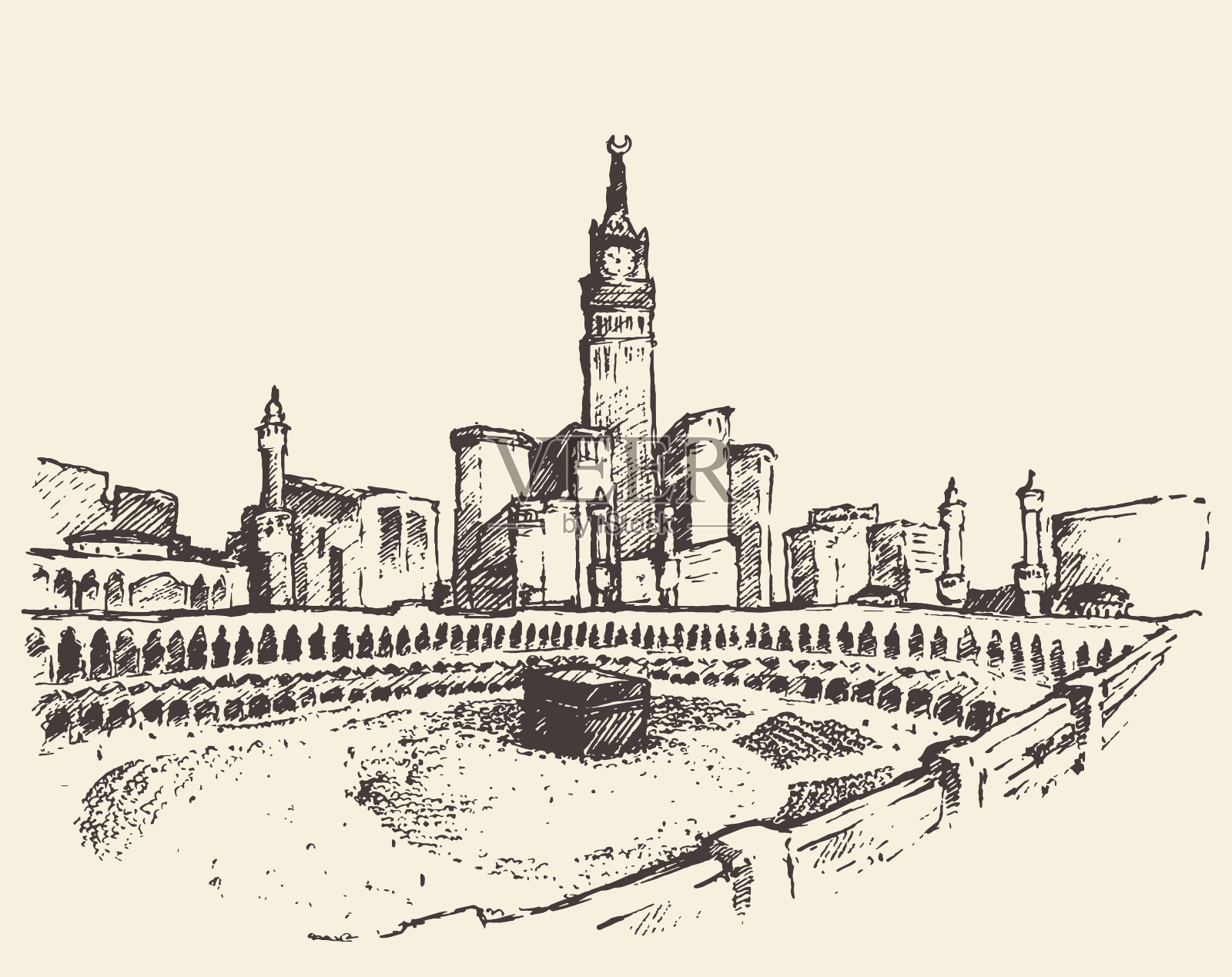 沙特阿拉伯圣克尔白麦加穆斯林素描插画图片素材