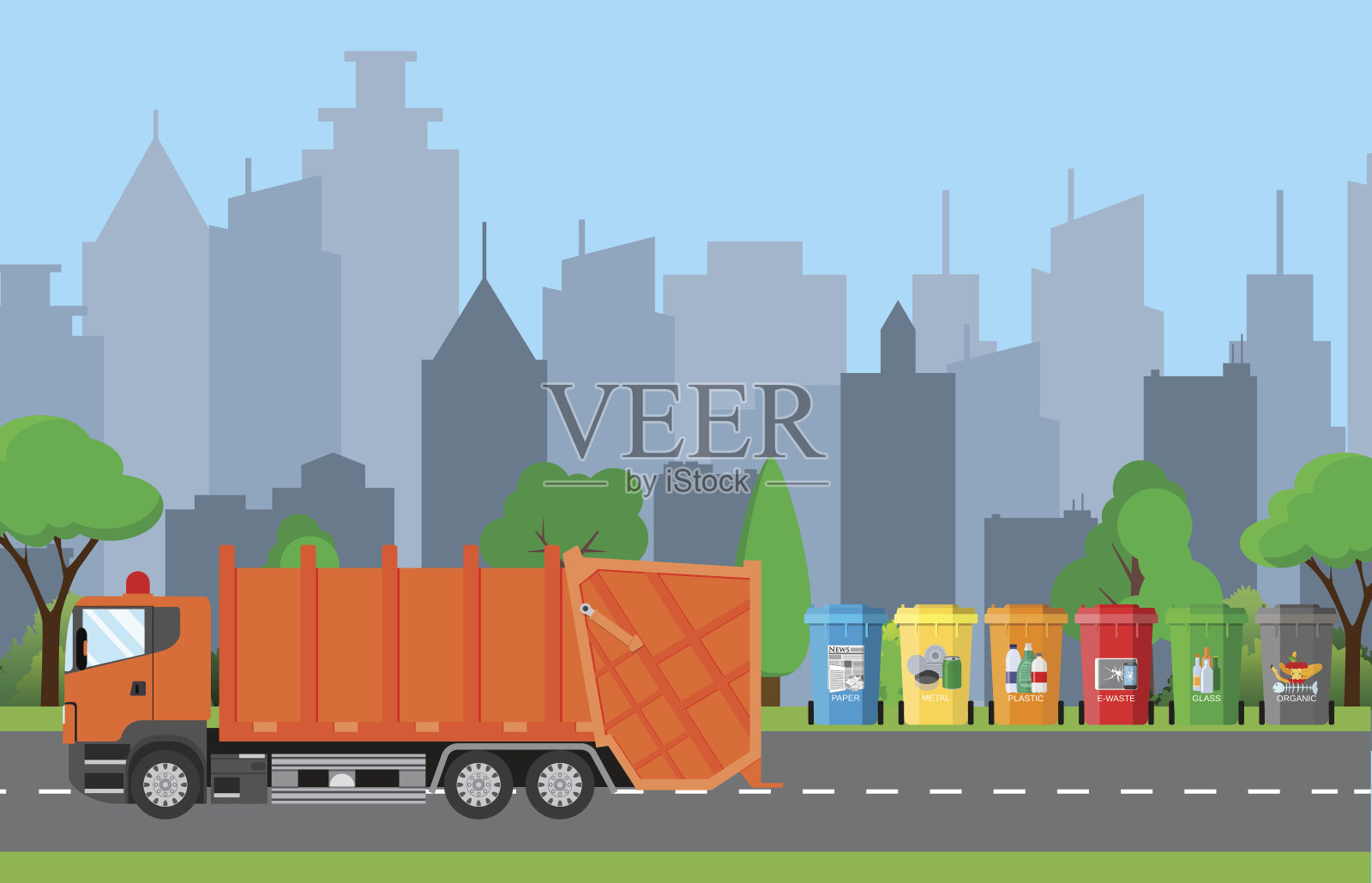用垃圾车回收城市垃圾的概念插画图片素材