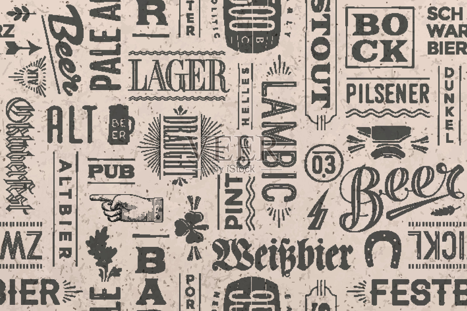 无缝模式与啤酒类型和手绘字母插画图片素材