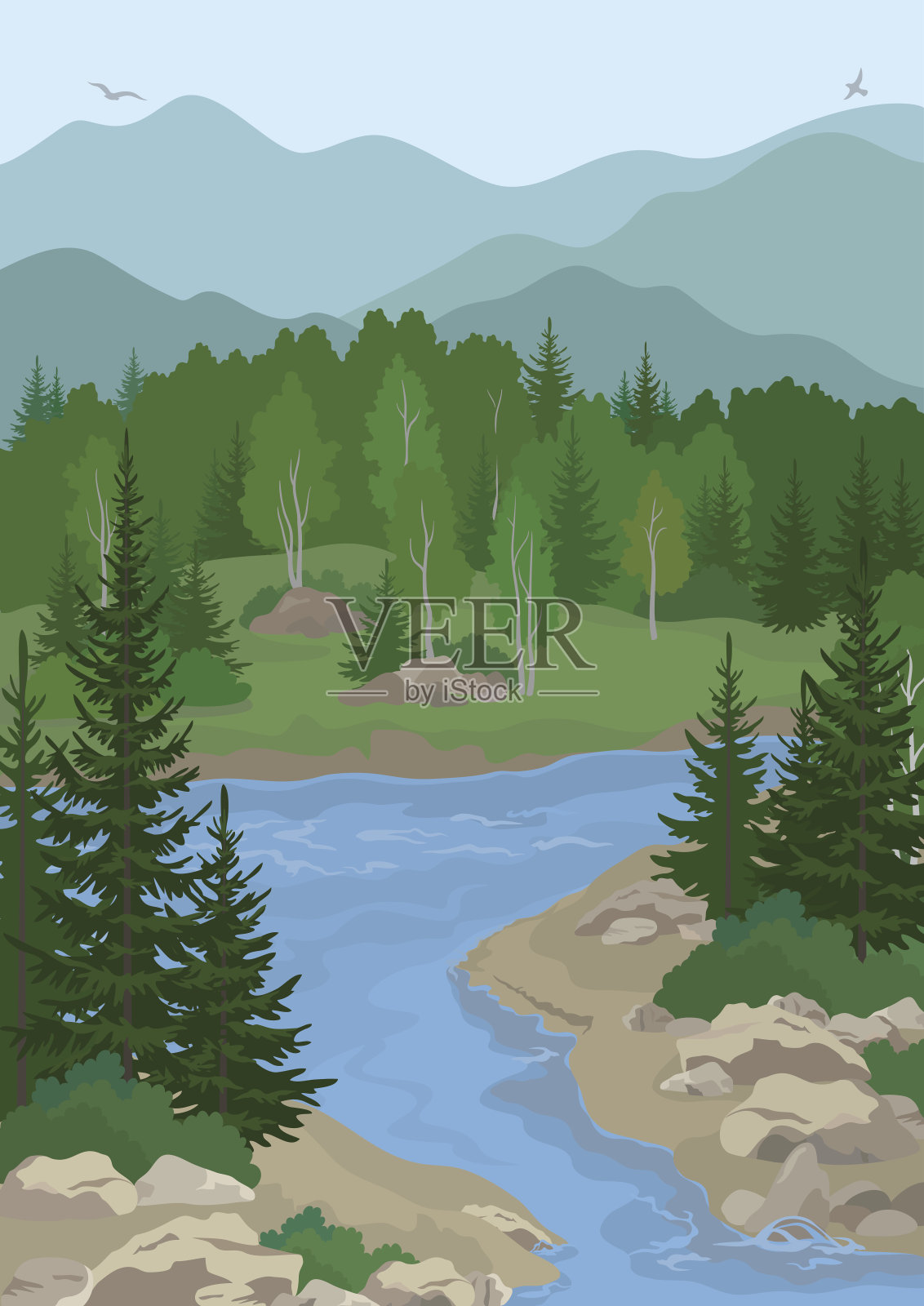 景观与树木和山河插画图片素材