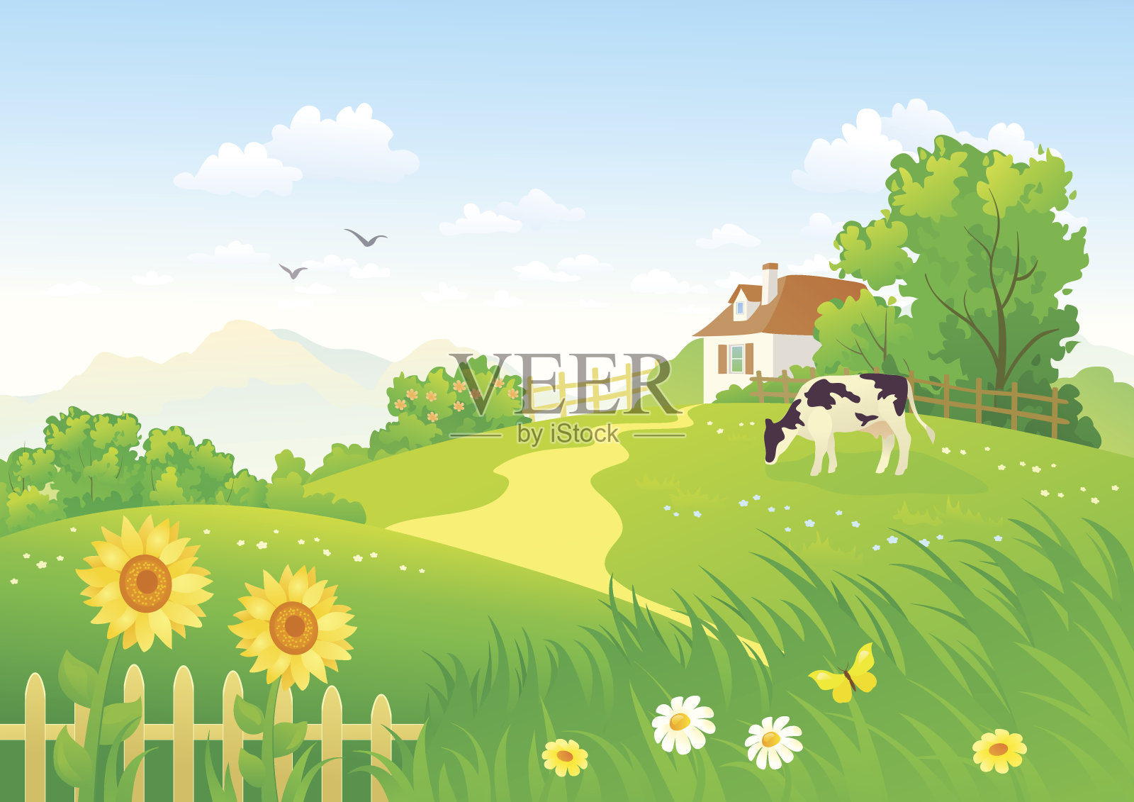 有一头牛的乡村景色插画图片素材