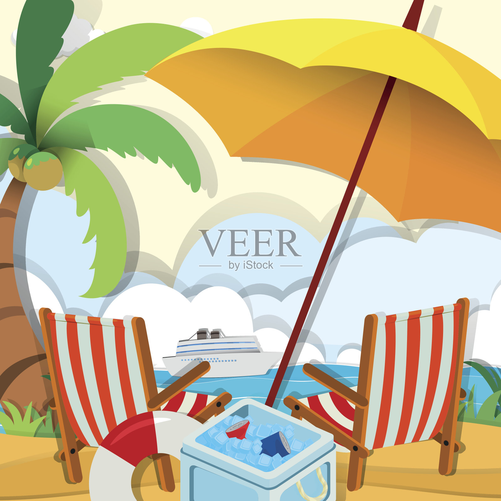 海滩景色椅子伞插画图片素材