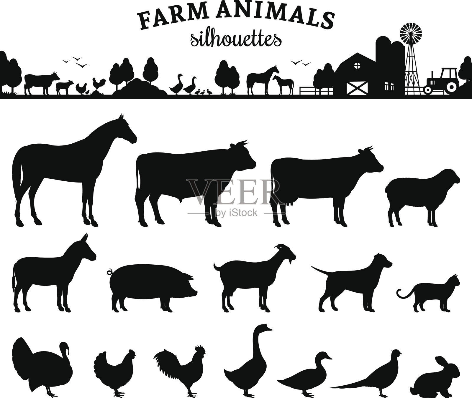 矢量农场动物轮廓孤立在白色设计元素图片