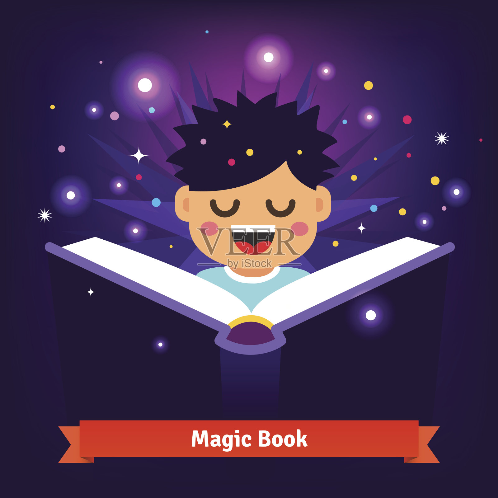 一个男孩在读魔法书，因为它发光插画图片素材