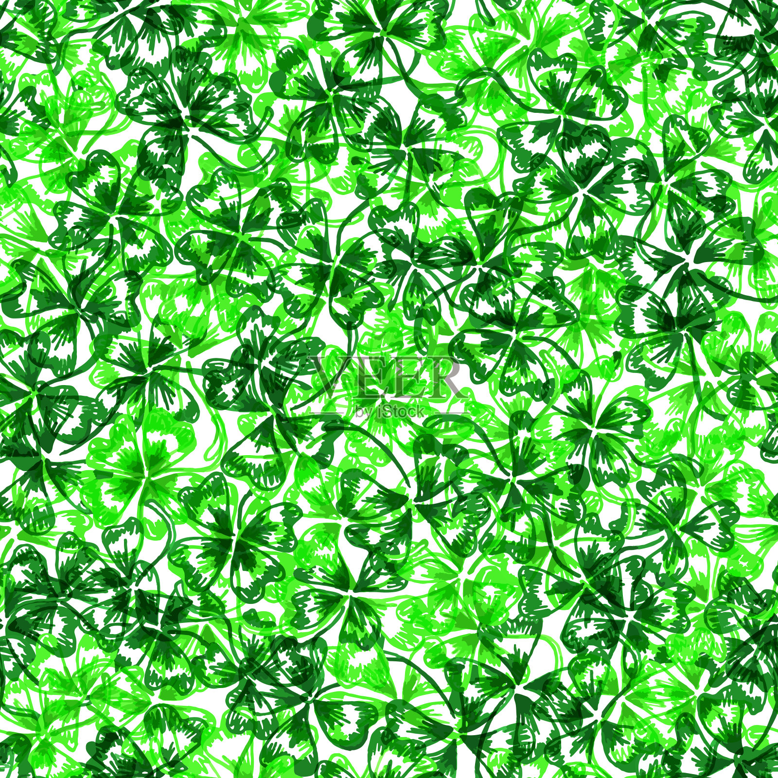 涂鸦绿色三叶草三叶草圣帕特里克节无缝图案插画图片素材