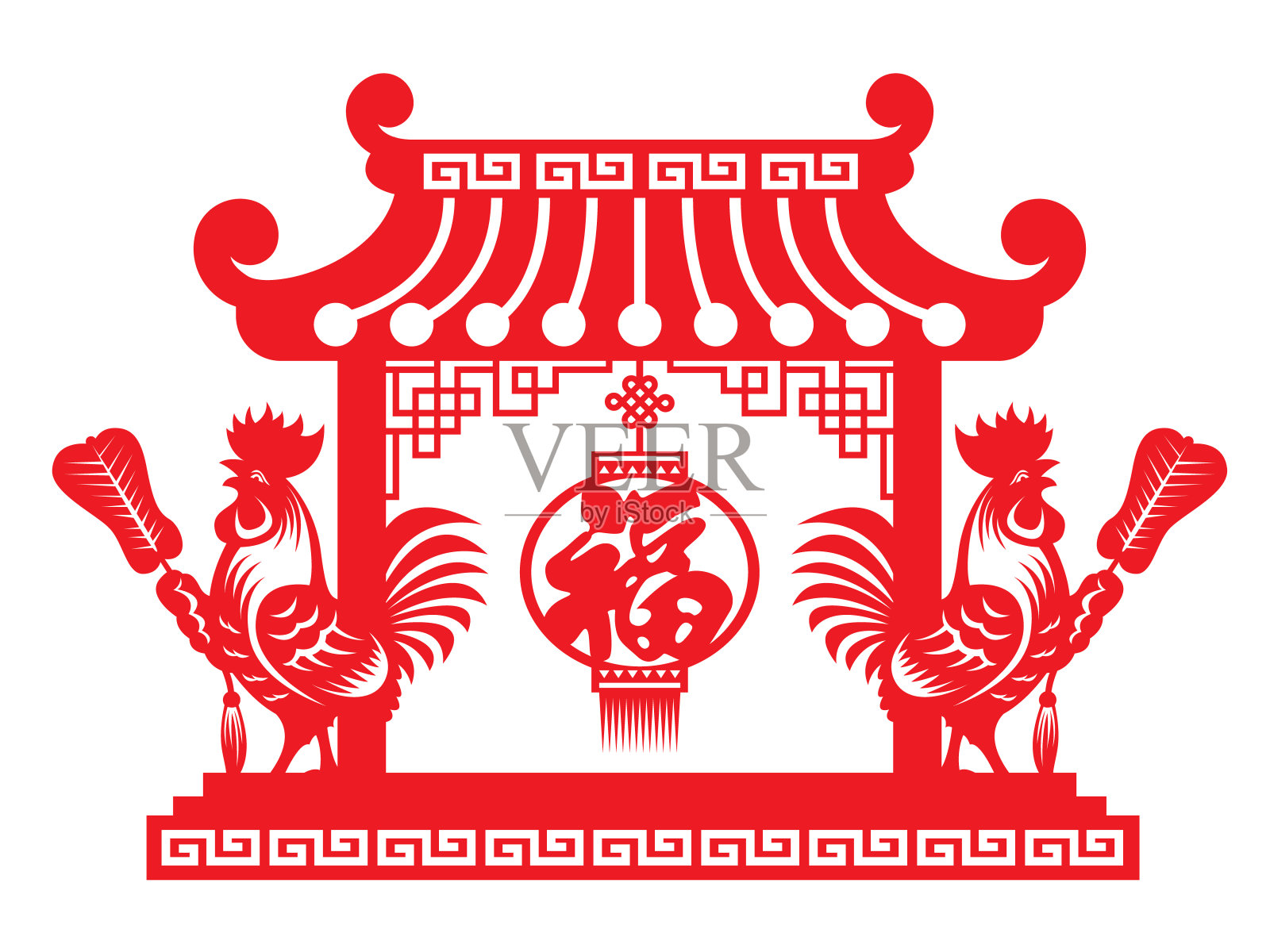 红剪纸鸡鸡洞扇在中国门生肖插画图片素材