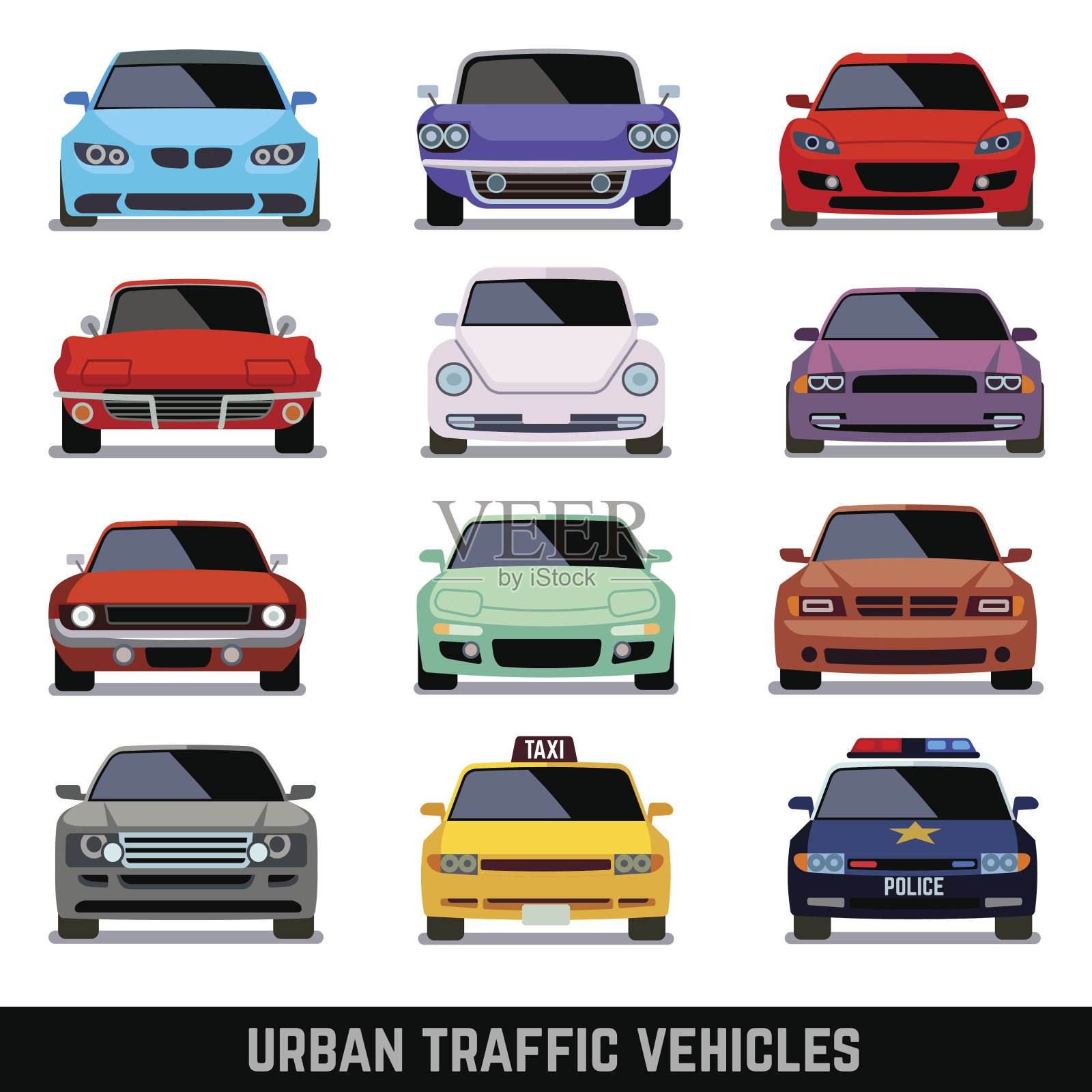 城市交通车辆，汽车图标的平面风格插画图片素材