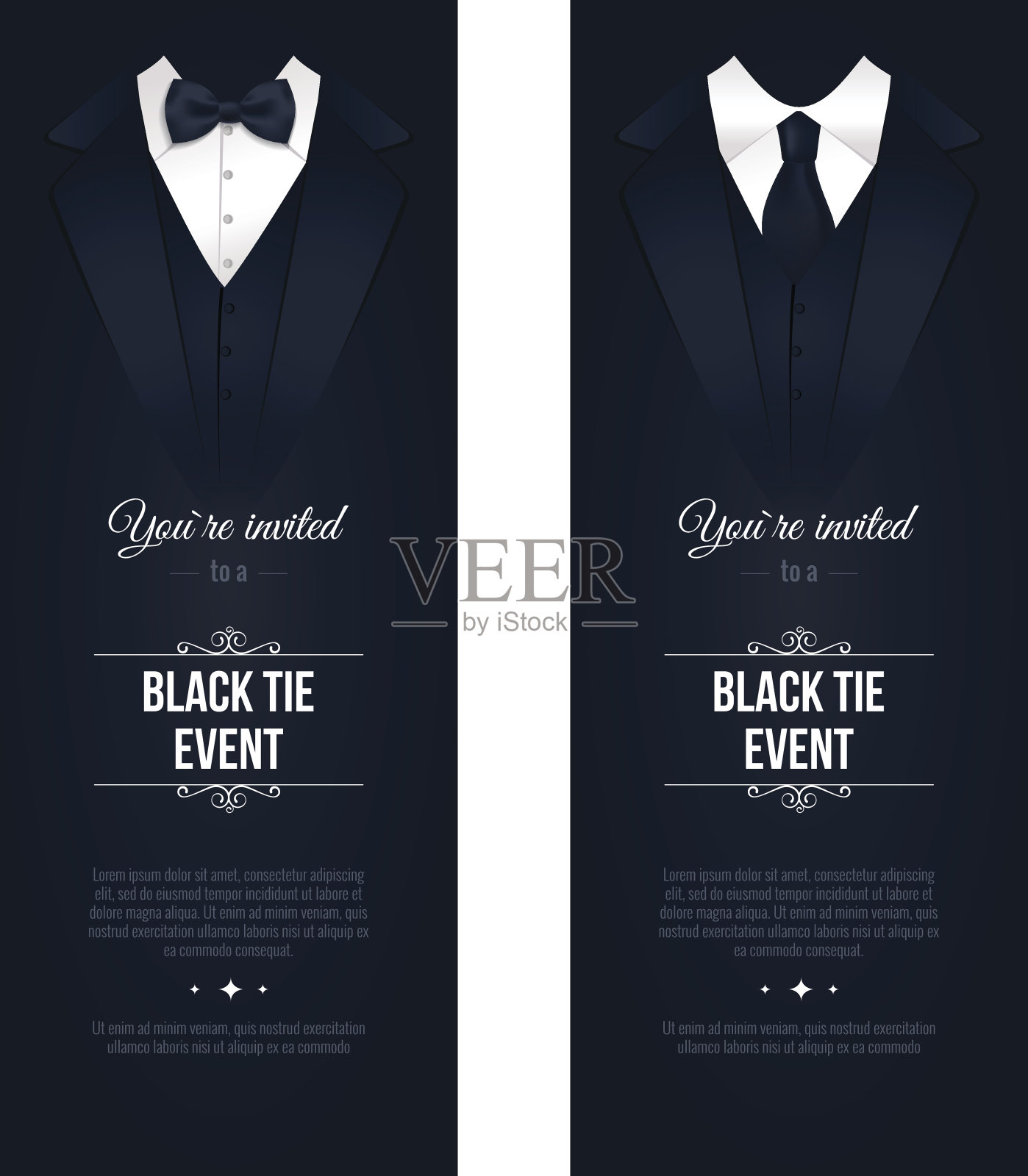 两个垂直的黑色领结活动邀请。插画图片素材